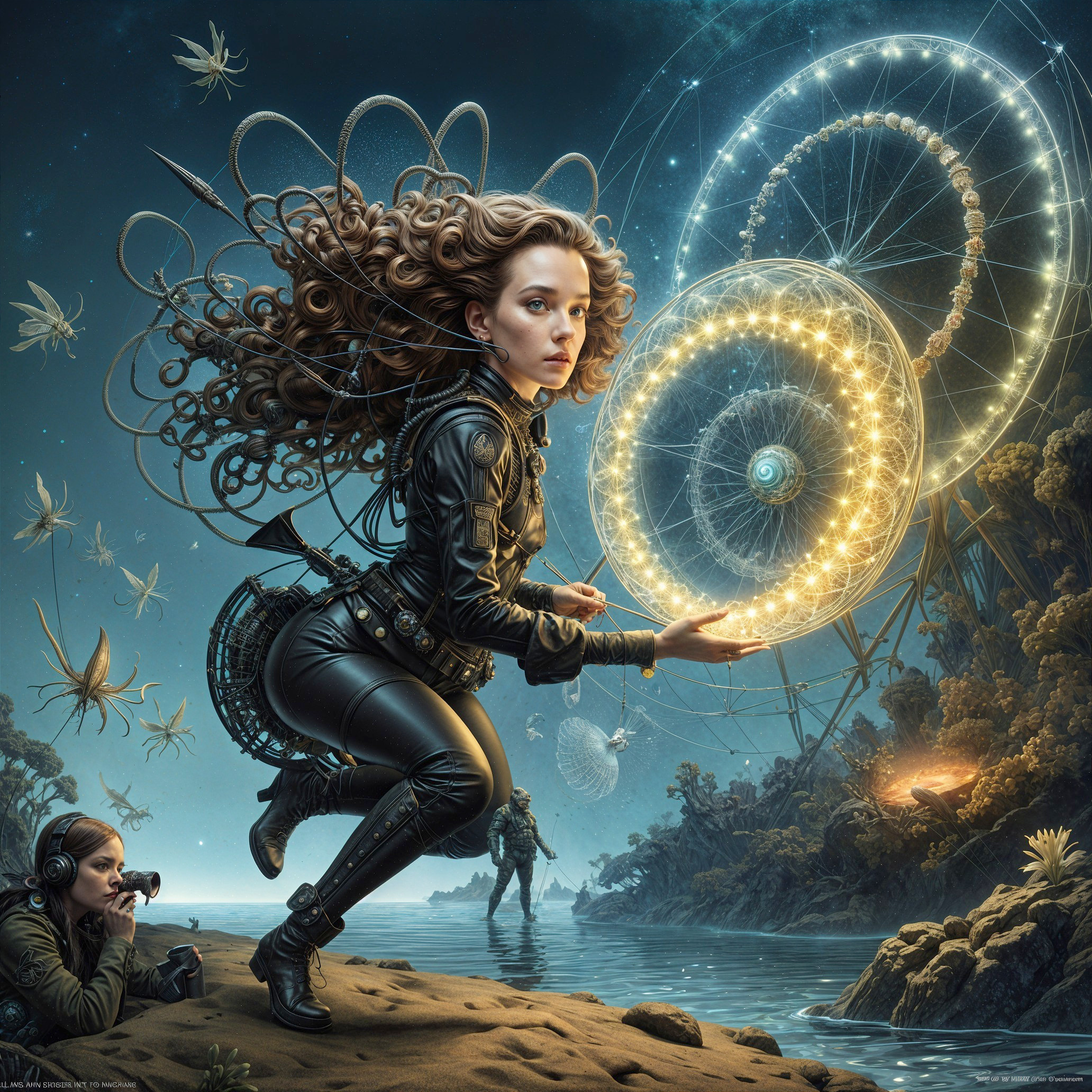 Surreal Landscape with a Woman and Glowing Orbs