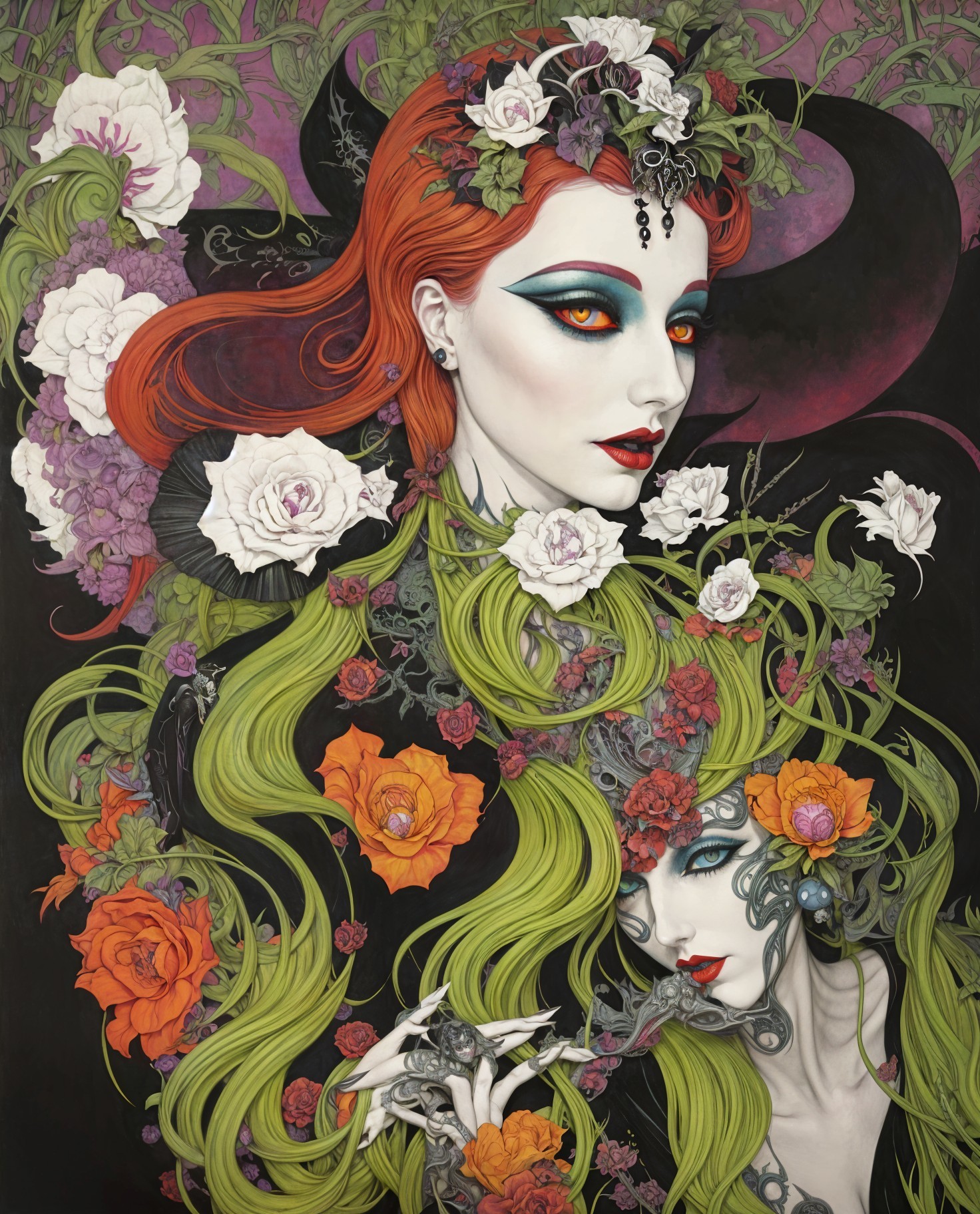 Ethereal Women Entwined with Vibrant Flora Artwork