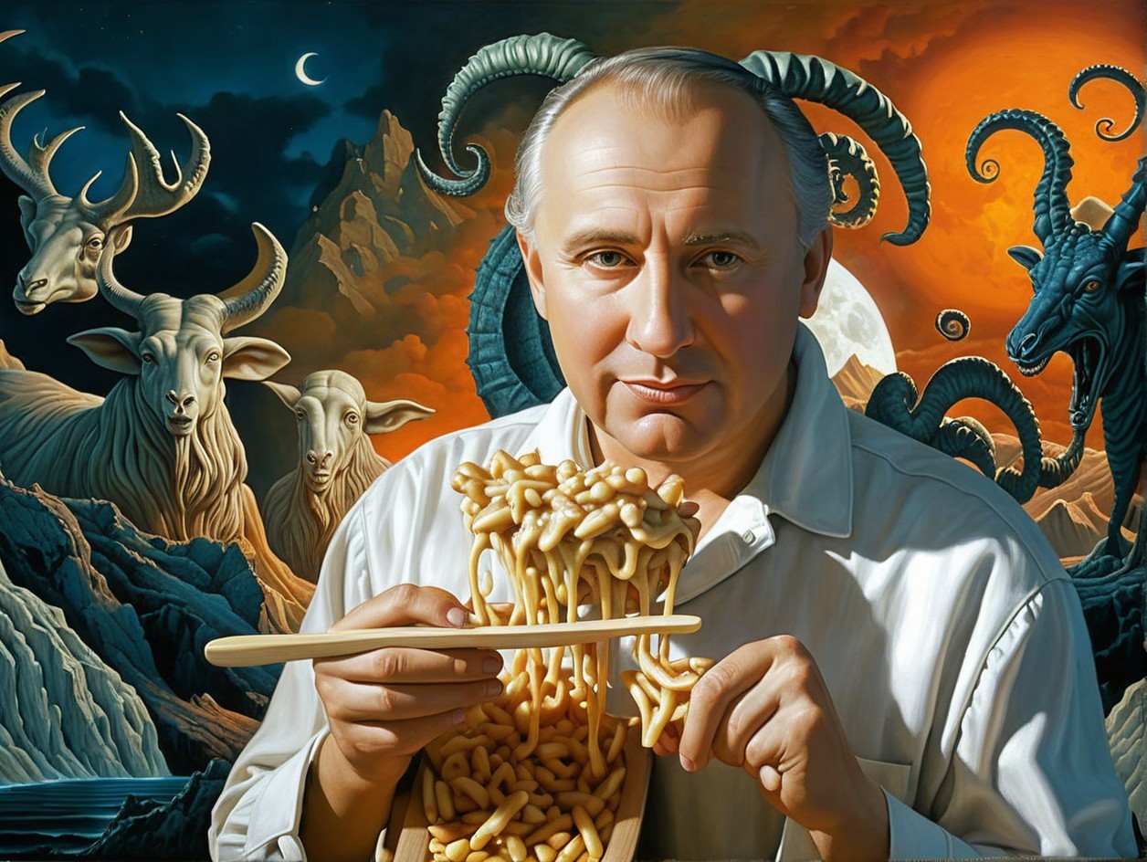 Man with Pasta Bowl in Surreal Mountain Scene
