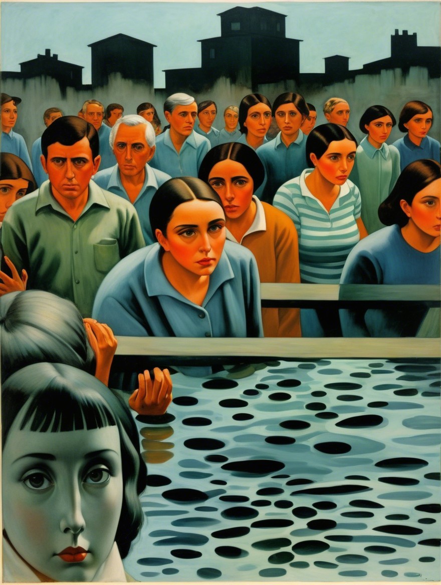 Crowd of Stern Individuals Near Reflective Water