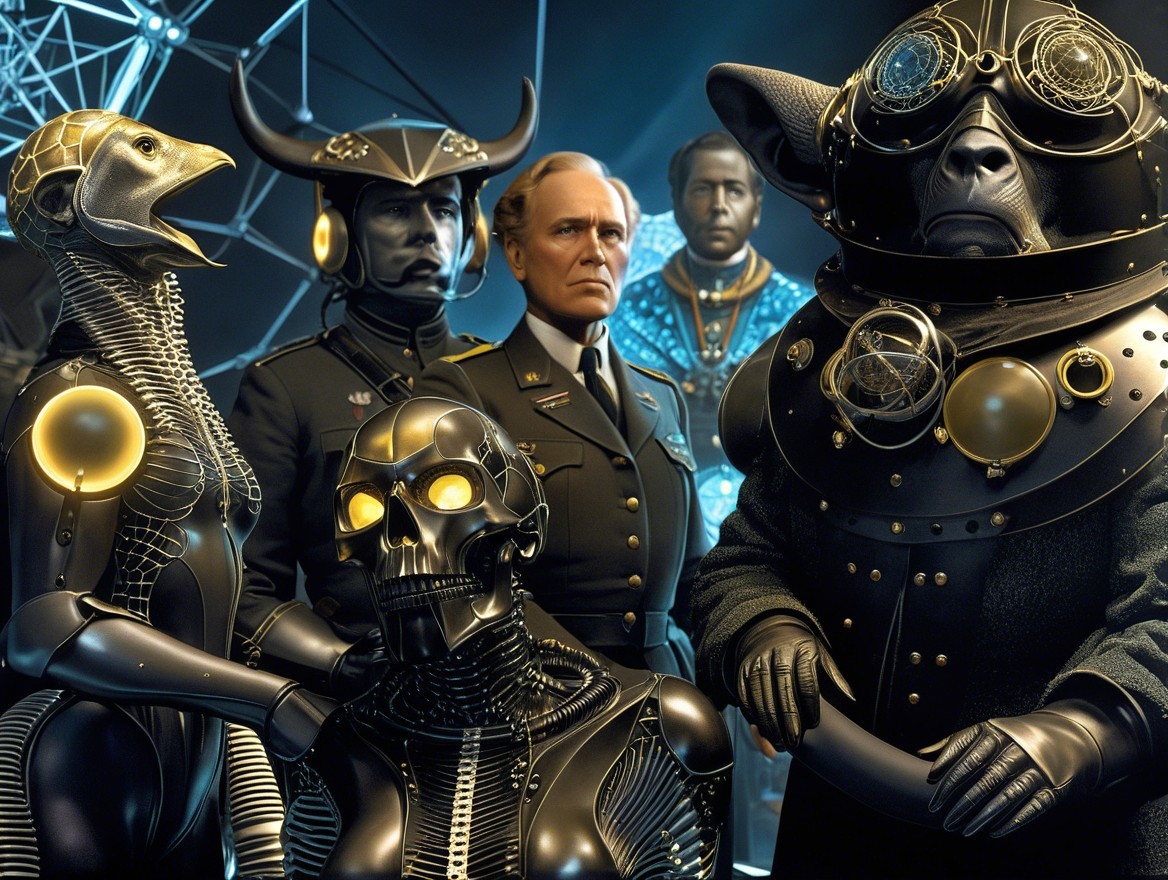 Futuristic Scene with Humanoid Robots and Military Figure
