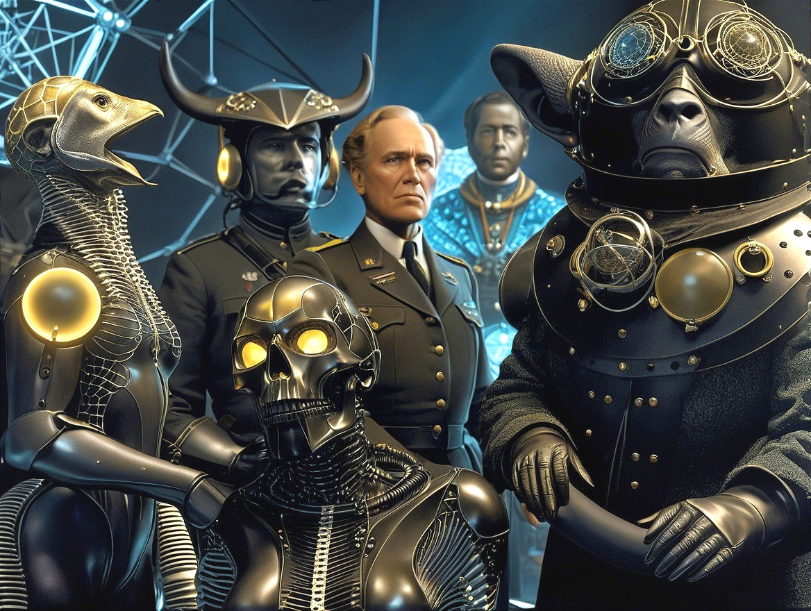 Futuristic Scene with Humanoid Robots and Military Figure