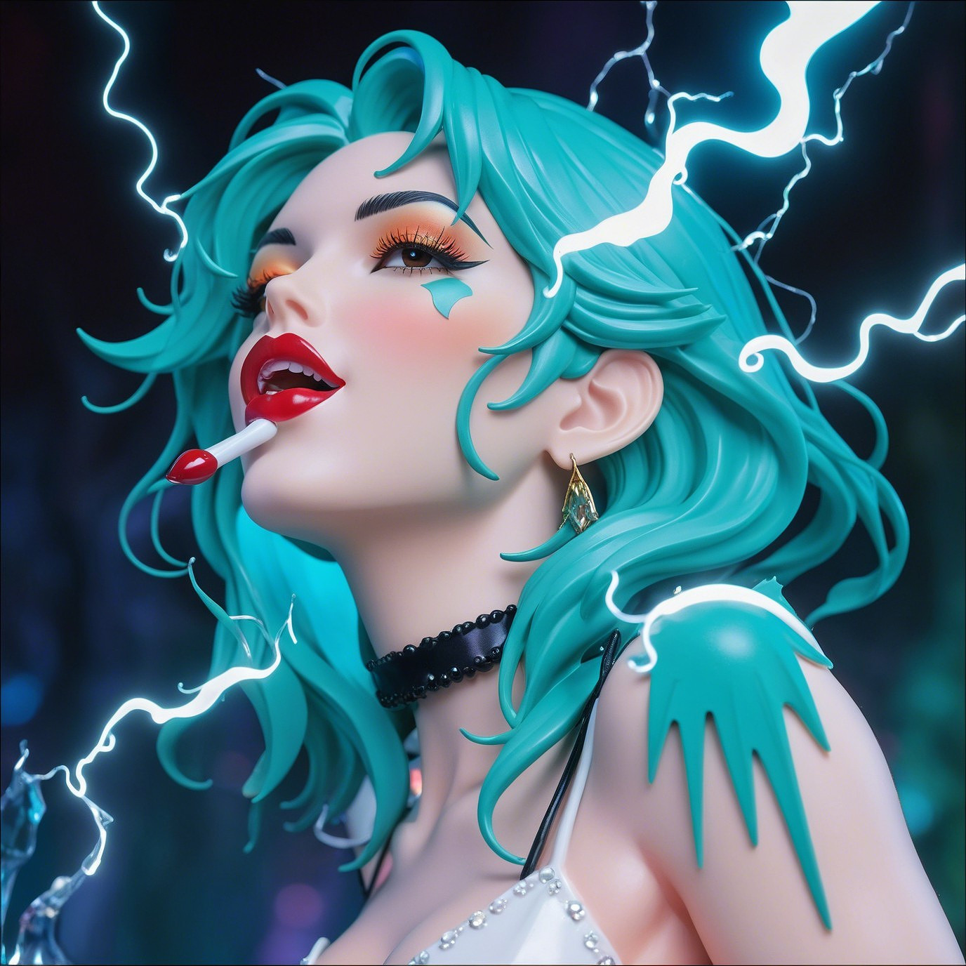 Dynamic figure with turquoise hair and edgy makeup