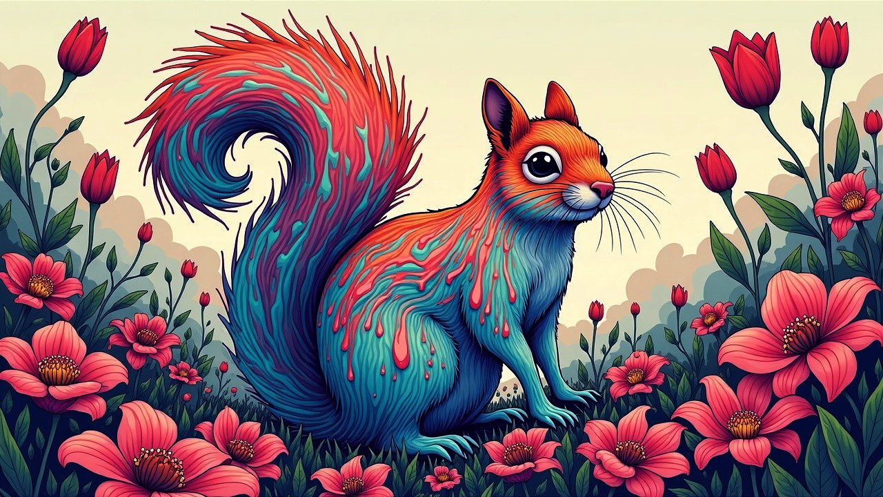 Stylized Squirrel in Colorful Floral Garden Scene