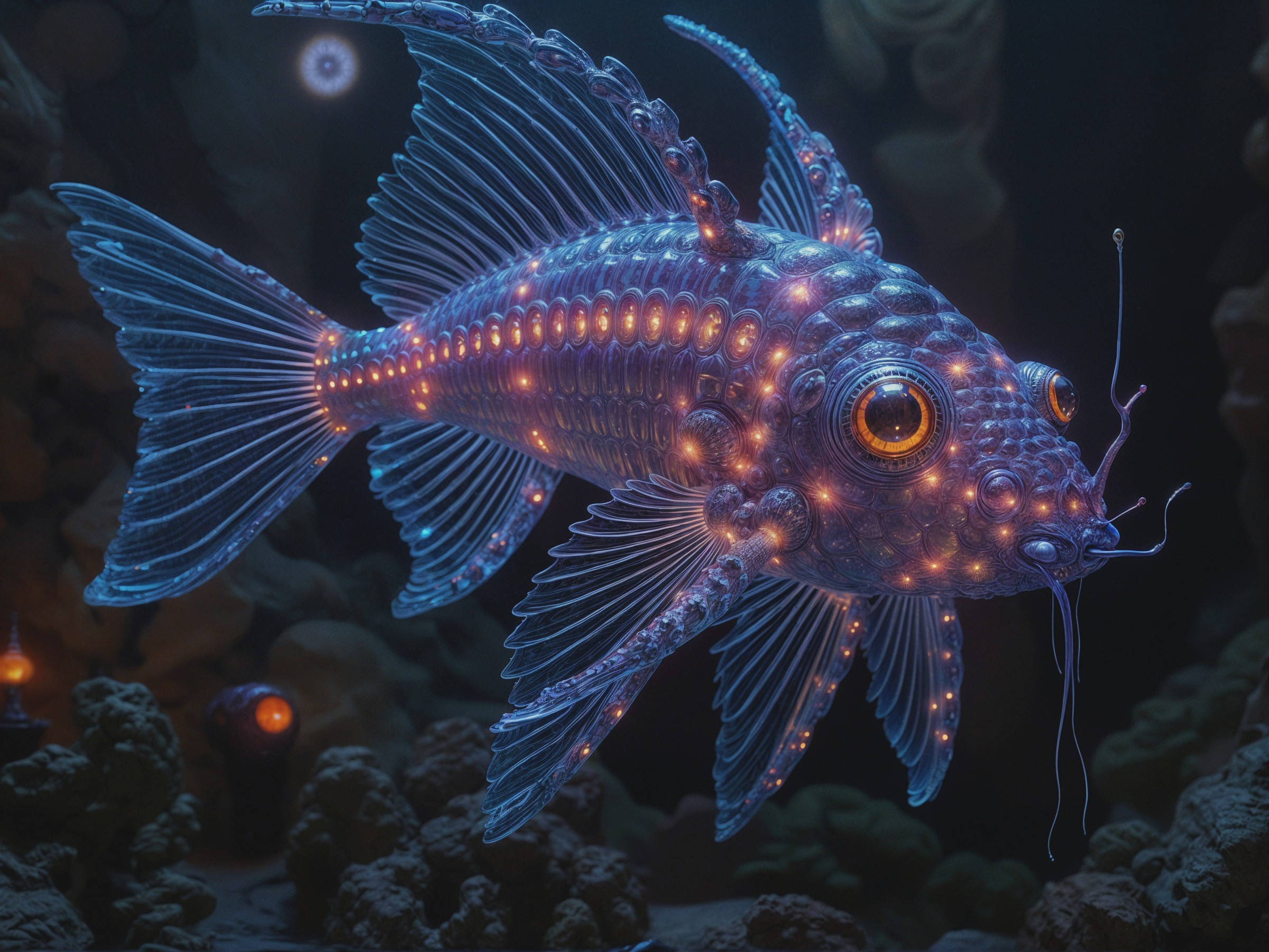Translucent Bioluminescent Fish in Underwater Scene