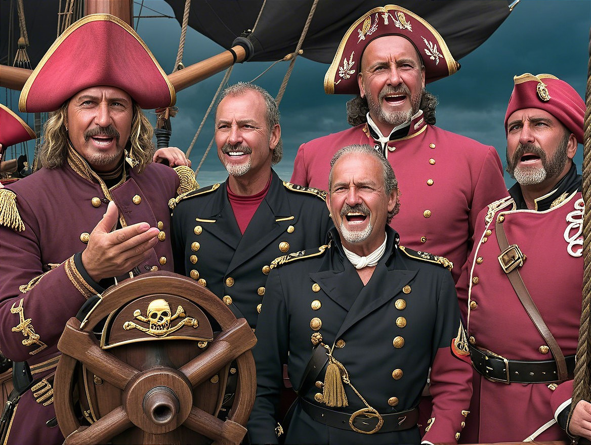 Flamboyant Pirate Costume Group on Ship with Wheel