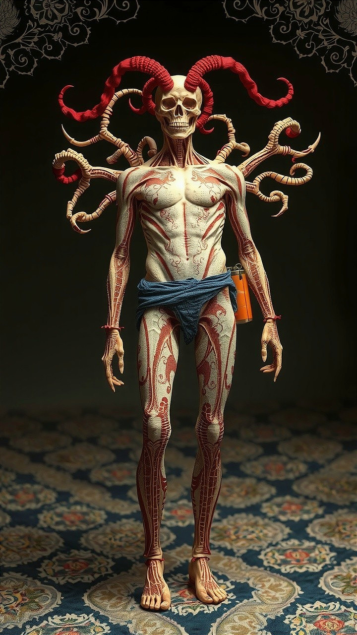 Surreal figure with skeletal head and tentacle appendages