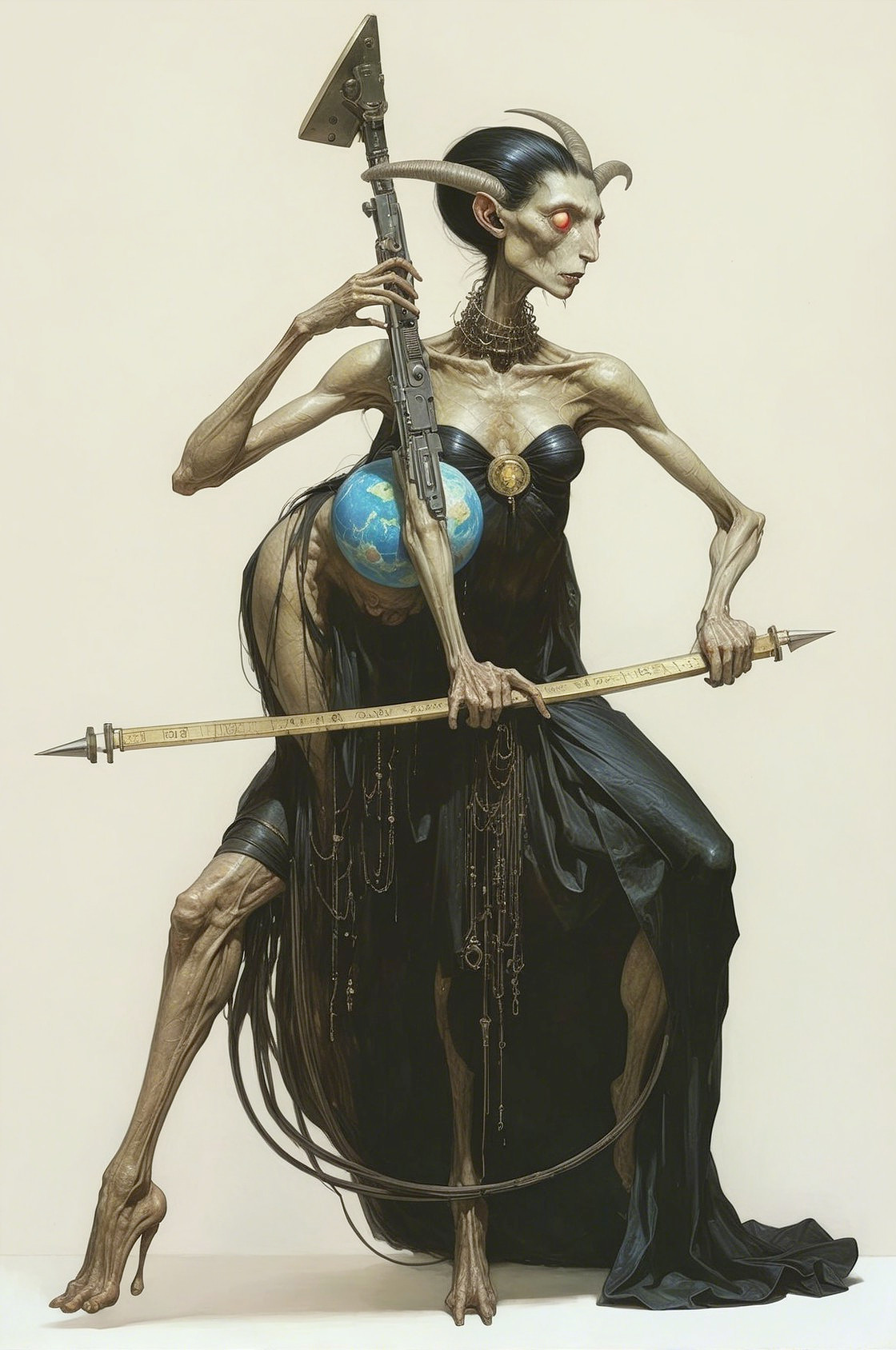 Surreal Figure with Elongated Limbs and Dark Symbolism