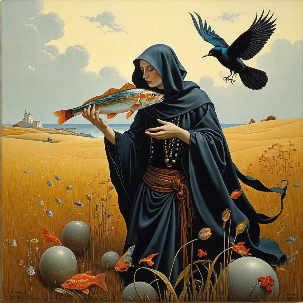 Mystical Figure with Fish in Enchanted Landscape