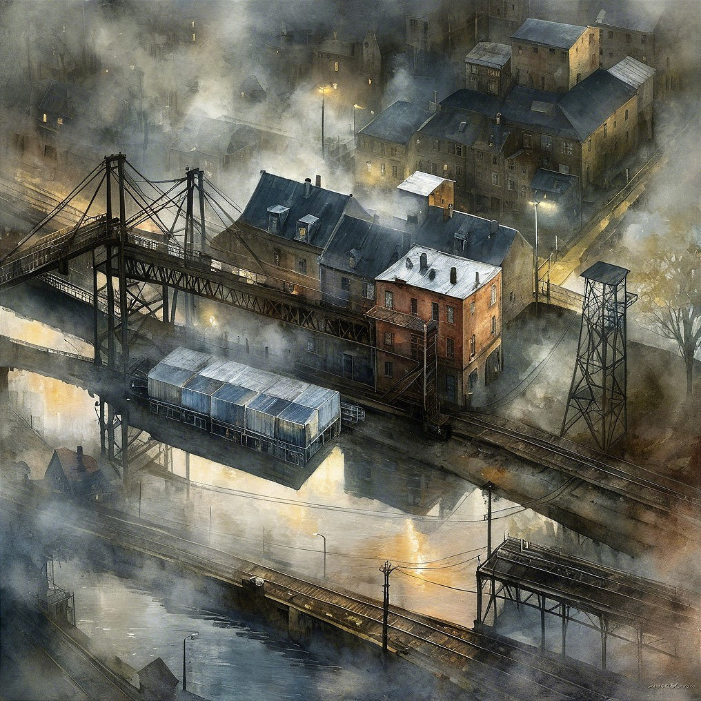 Misty Urban Landscape with Bridges and Waterways