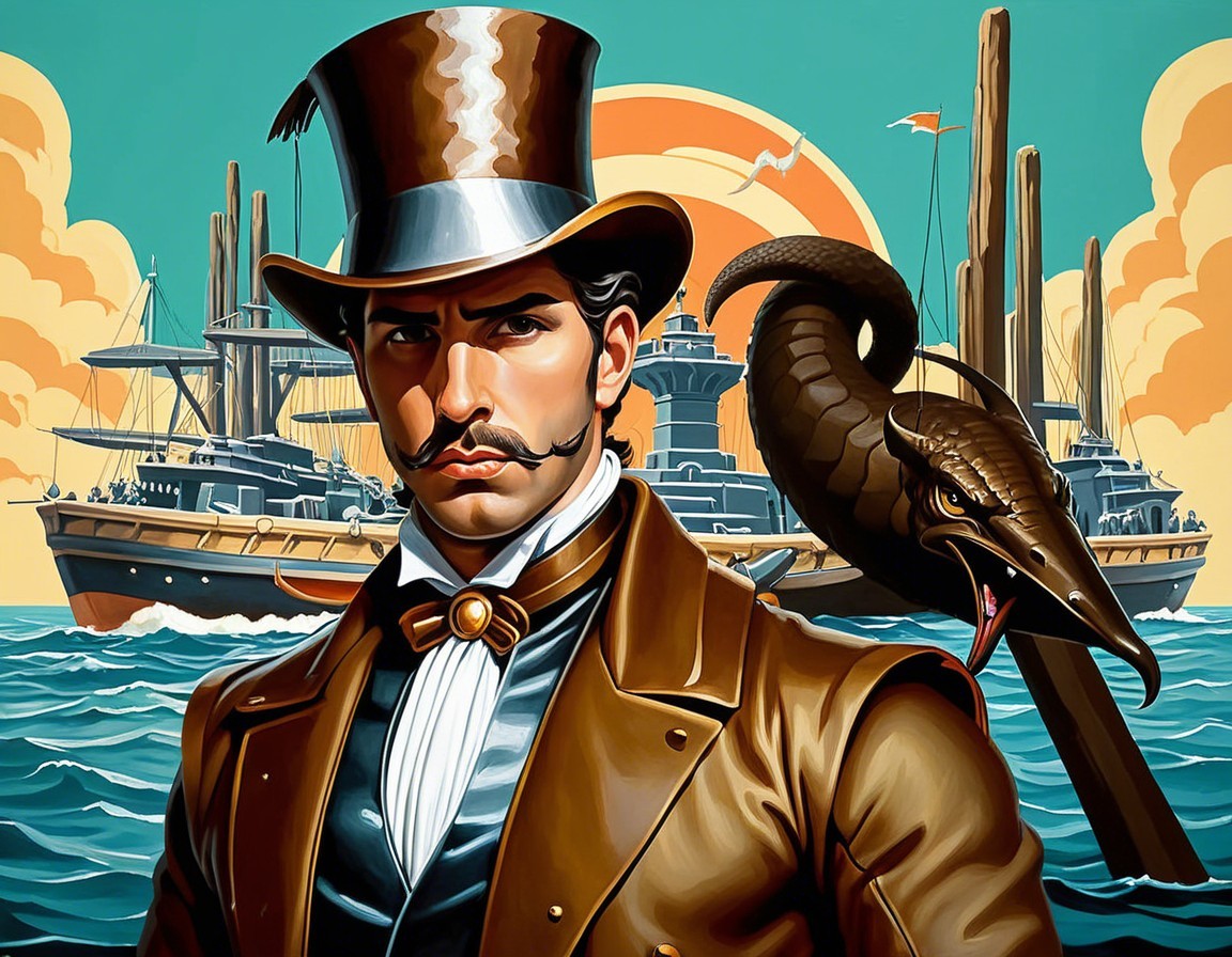 Gentleman in Top Hat Against Vibrant Sea and Ships