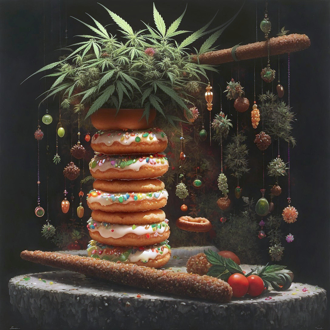 Whimsical Still Life of Colorful Donuts and Plants