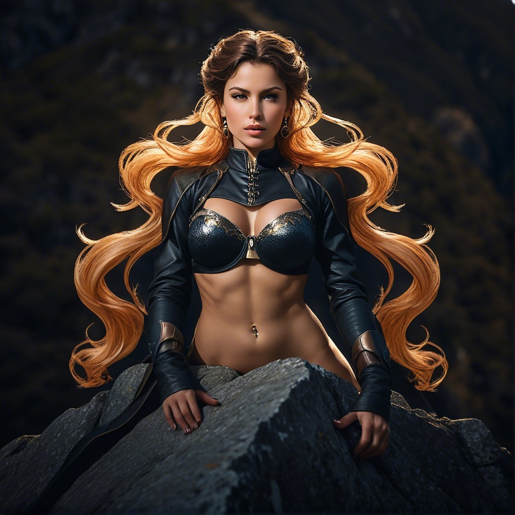 Confident figure in black outfit on rocky outcrop
