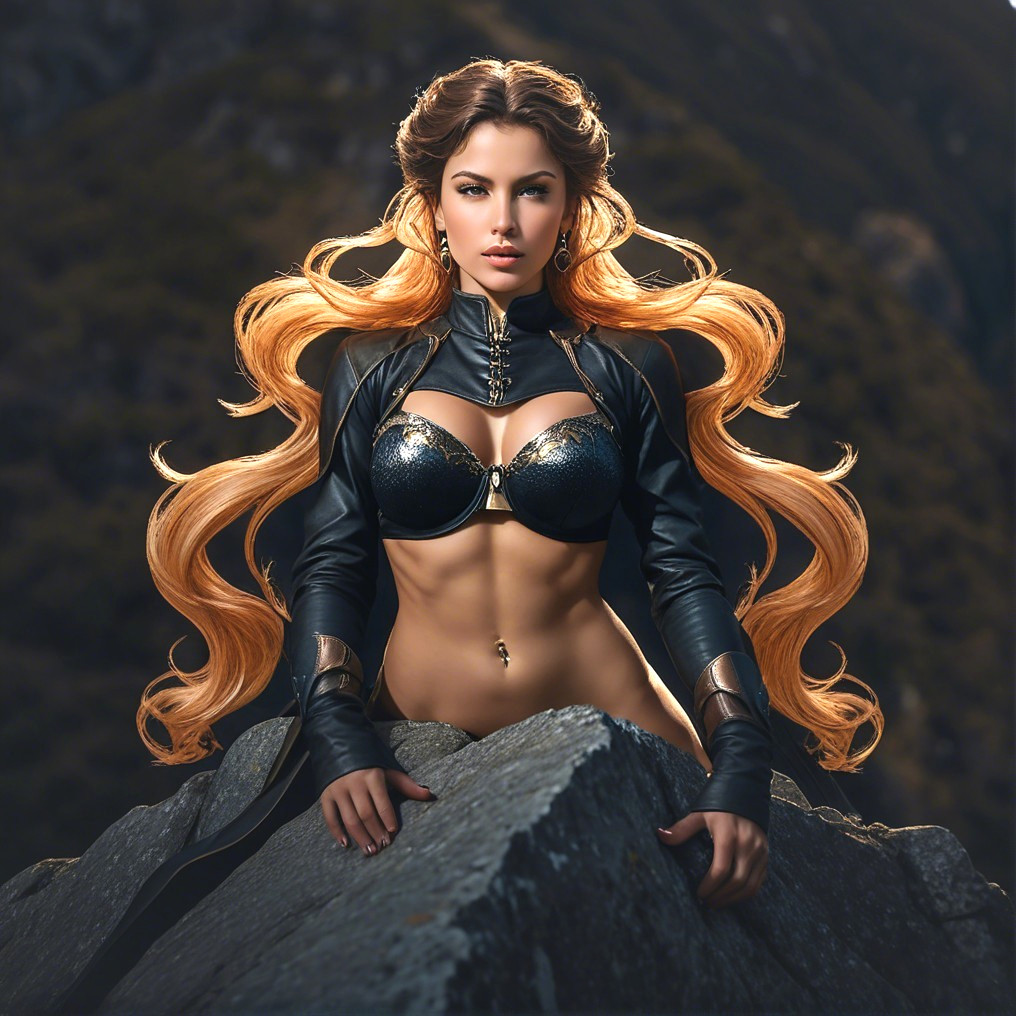 Confident figure in black outfit on rocky outcrop