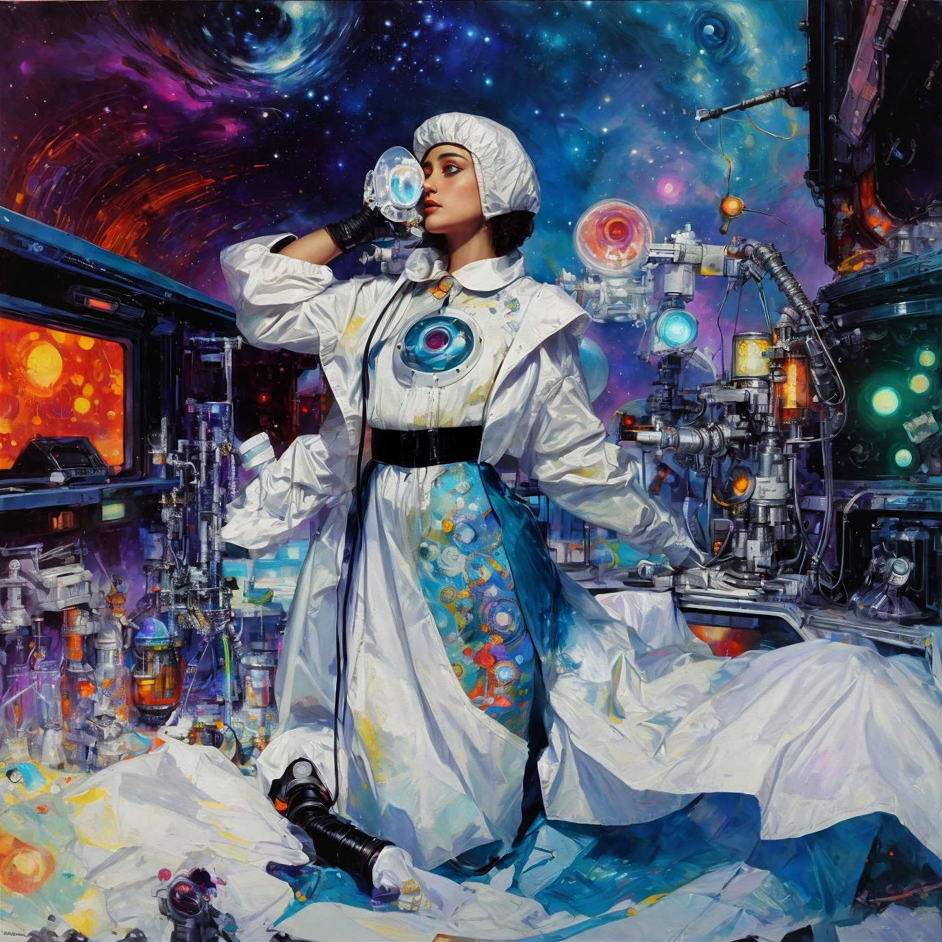 Woman in Laboratory with Cosmic Background and Orbs