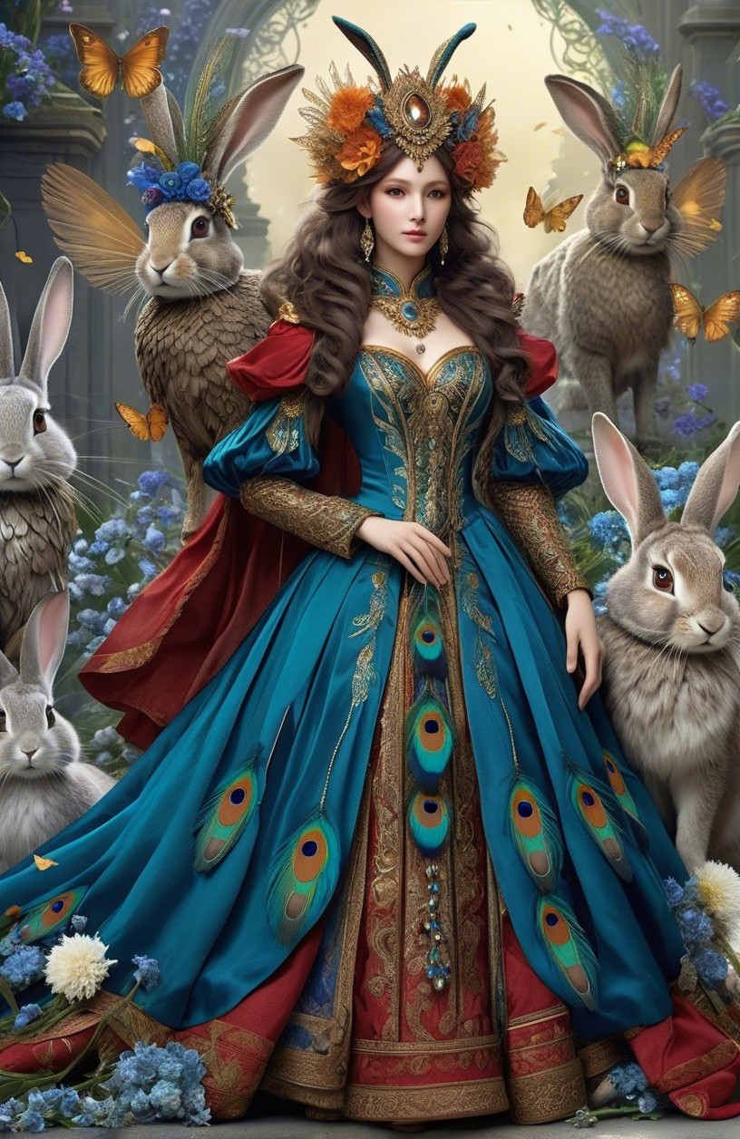 Regal figure in teal gown in enchanted garden