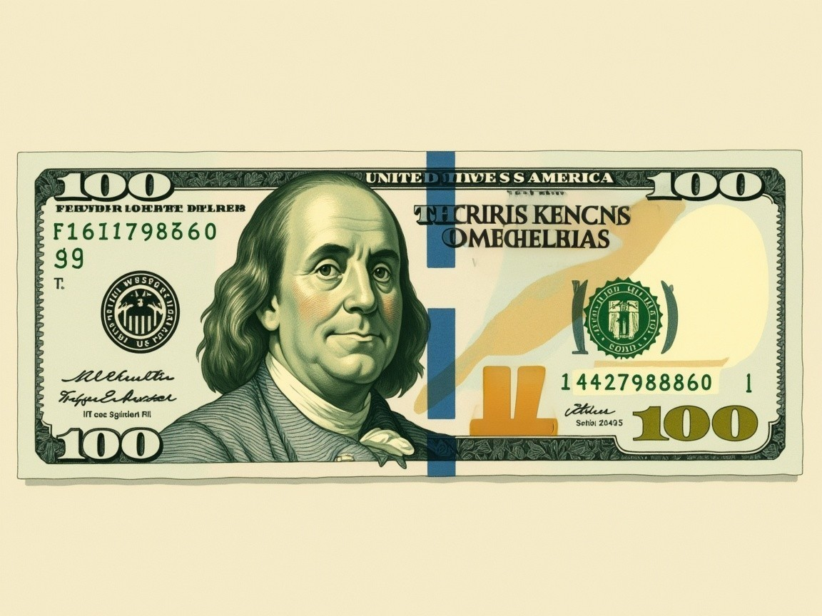 Stylized depiction of a $100 bill with details