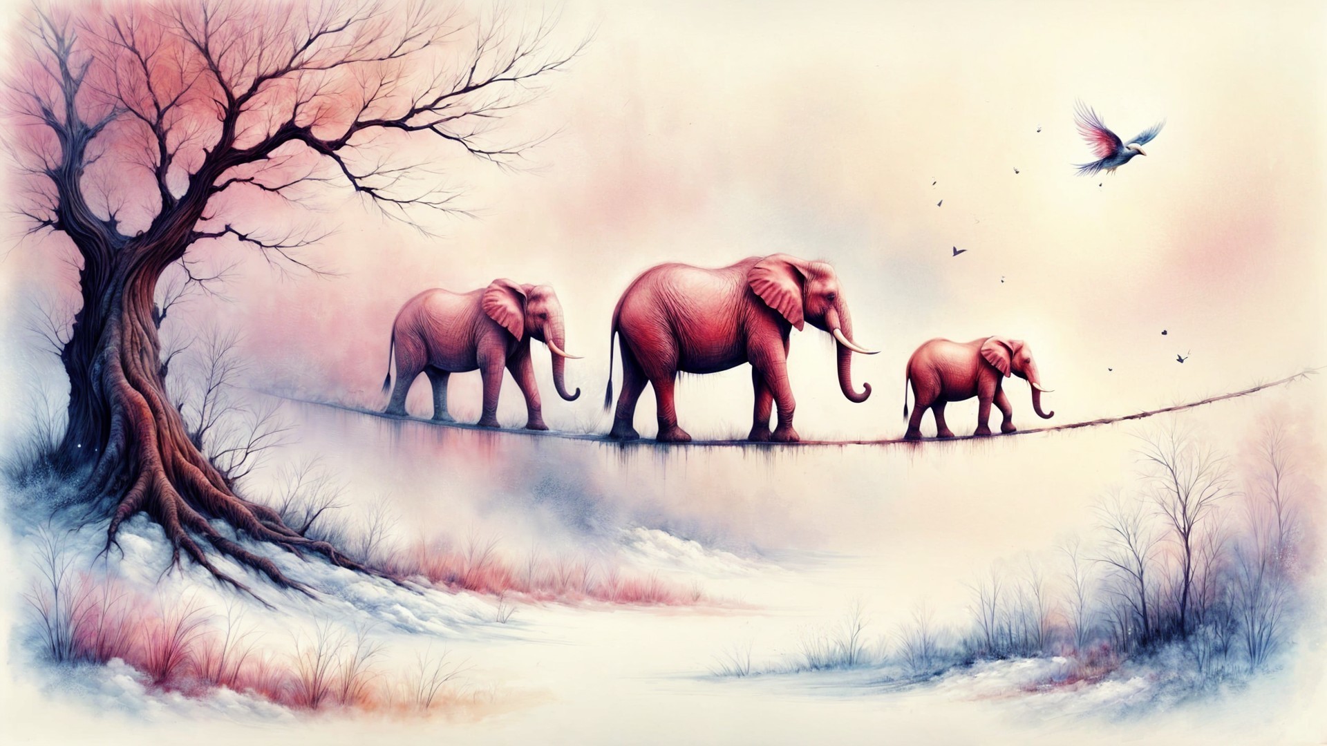 Three Elephants on a Bridge in a Pastel Sky Scene