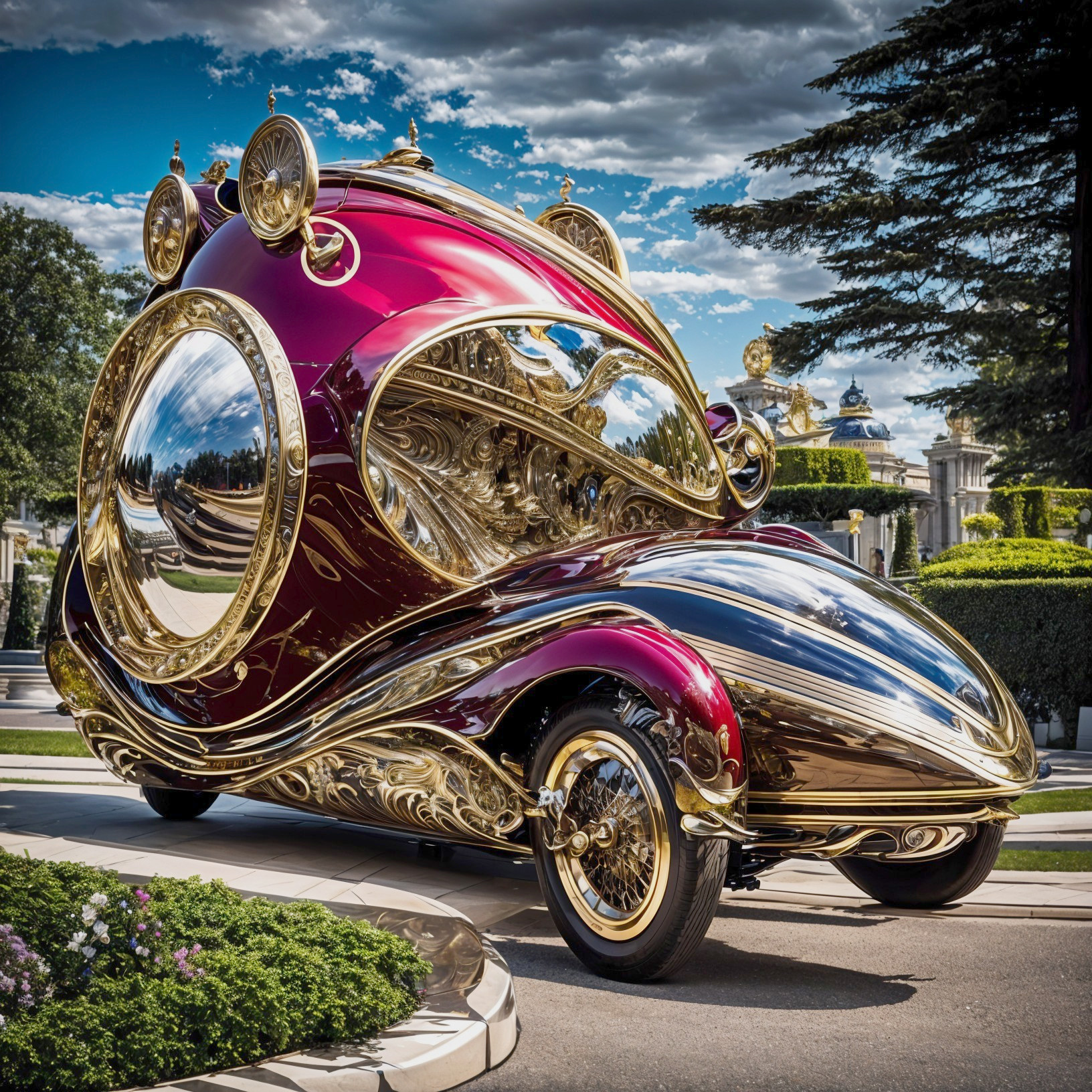 Luxurious Fantastical Car with Golden Details and Burgundy Finish