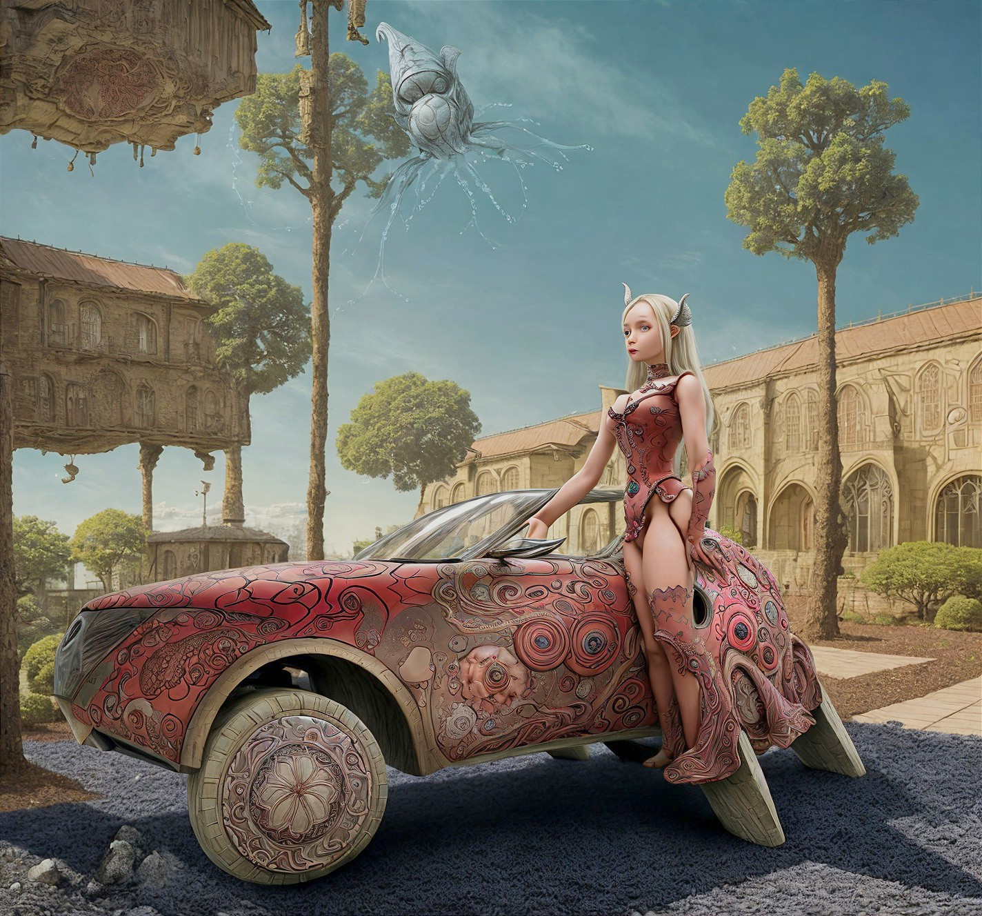 Futuristic humanoid figure with unique car in surreal landscape