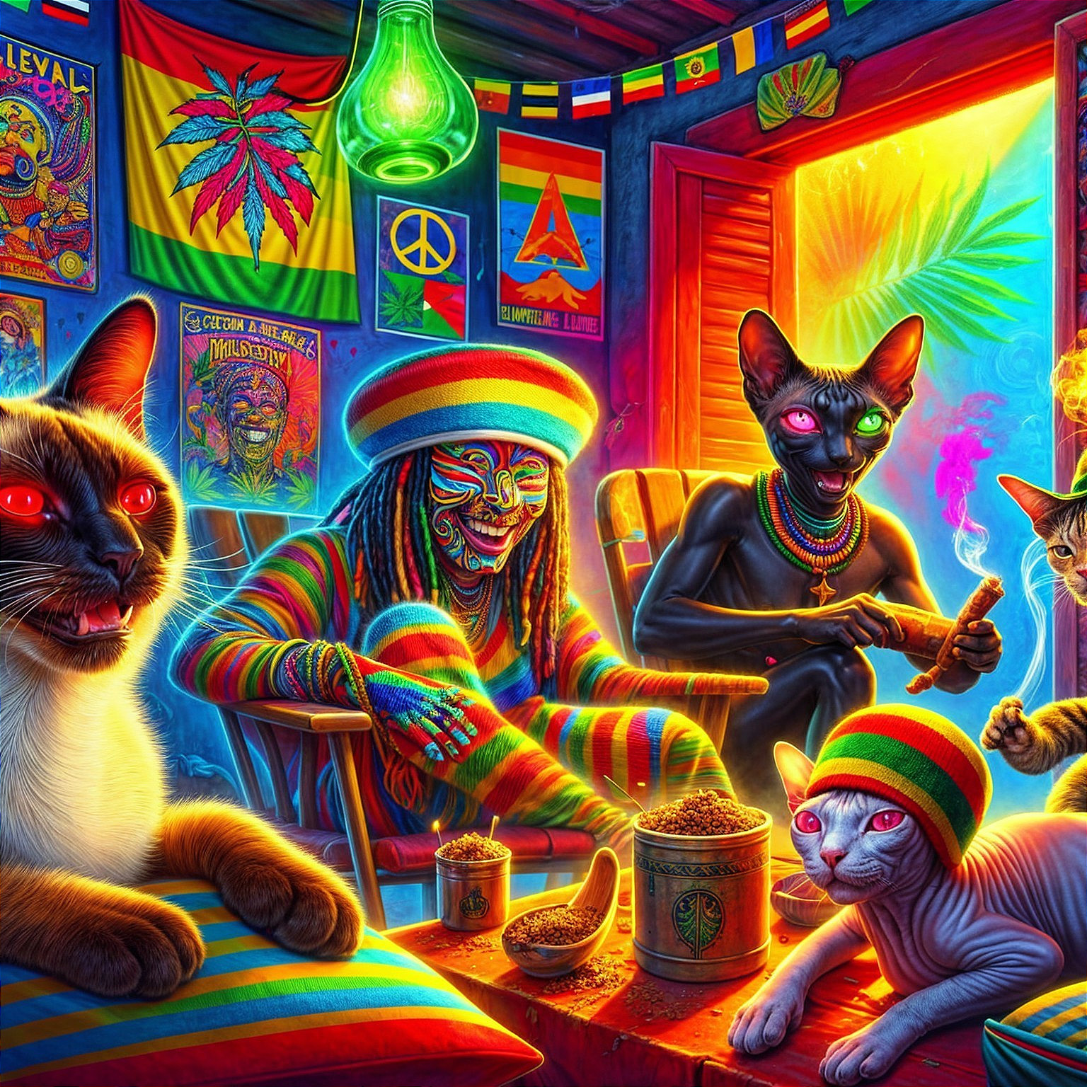 Colorful Room with Cats and Face-Painted Person