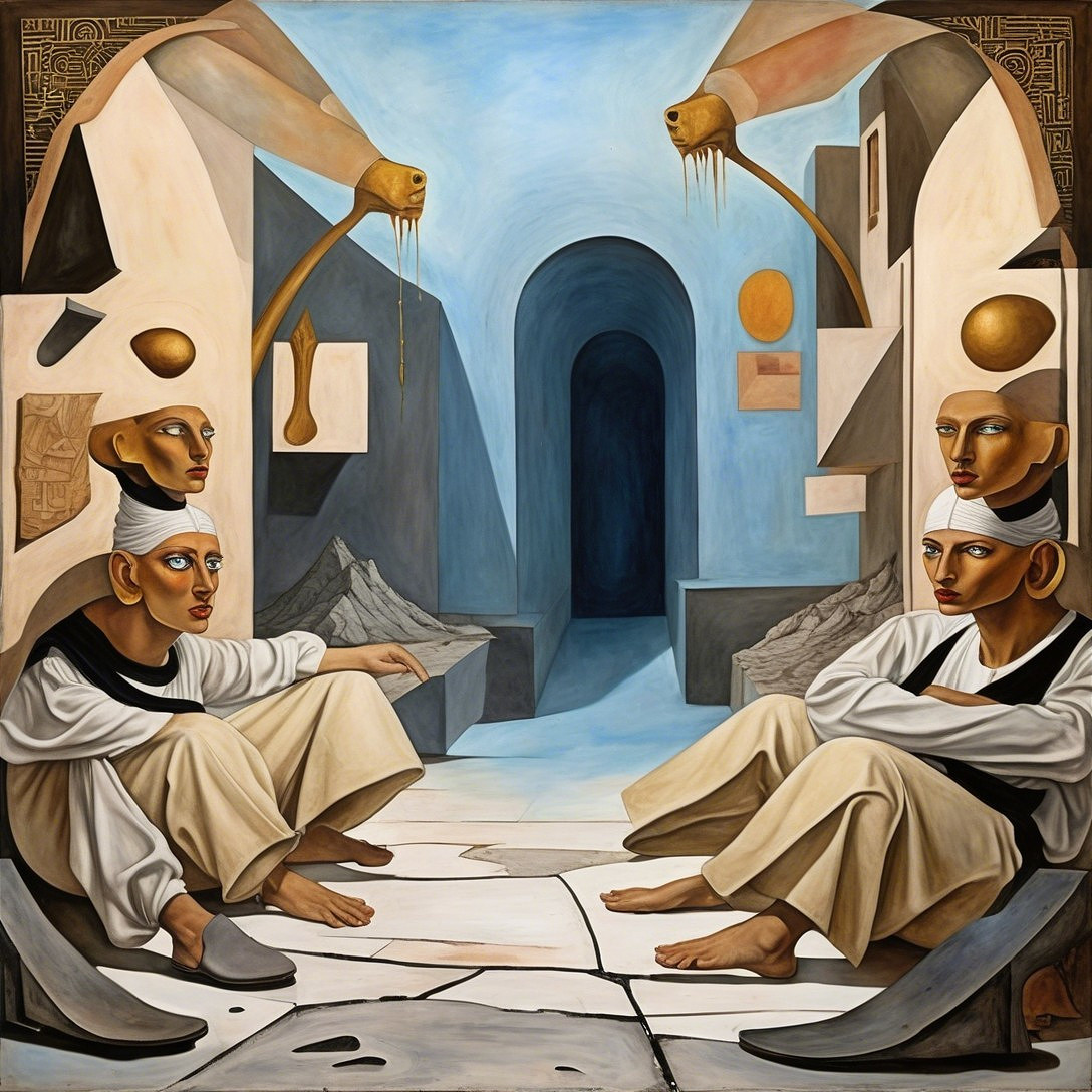 Surreal Interior Space with Figures and Geometric Shapes