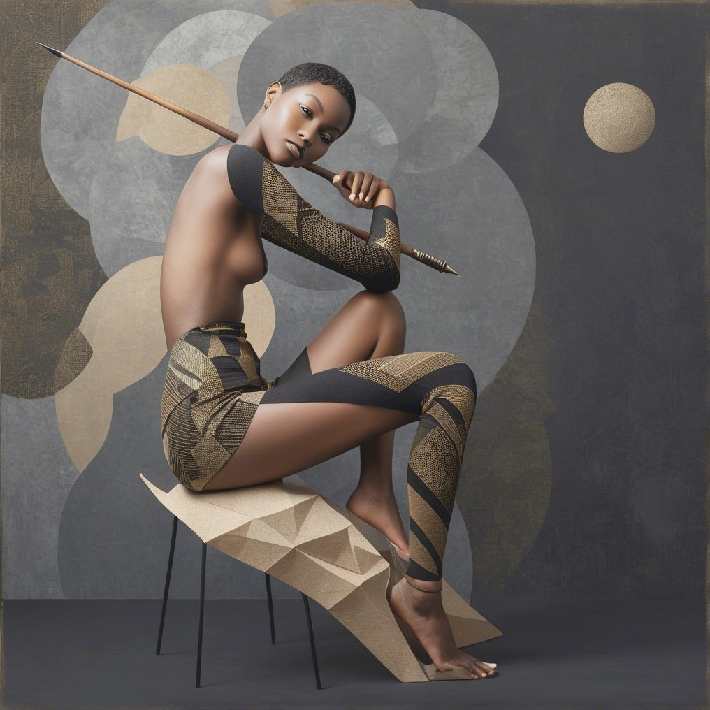 Model on Abstract Chair with Body Art and Spear