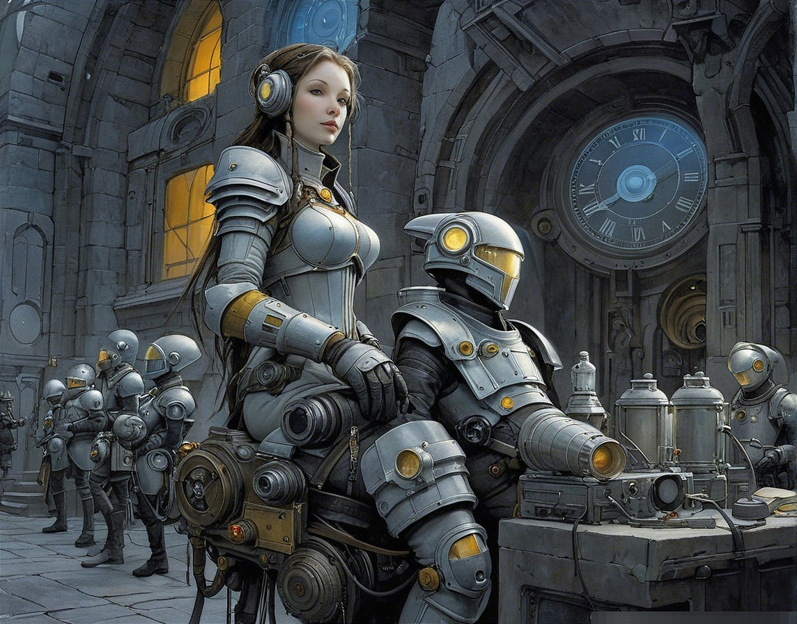 Futuristic Woman in Metallic Armor with Robots and Machinery