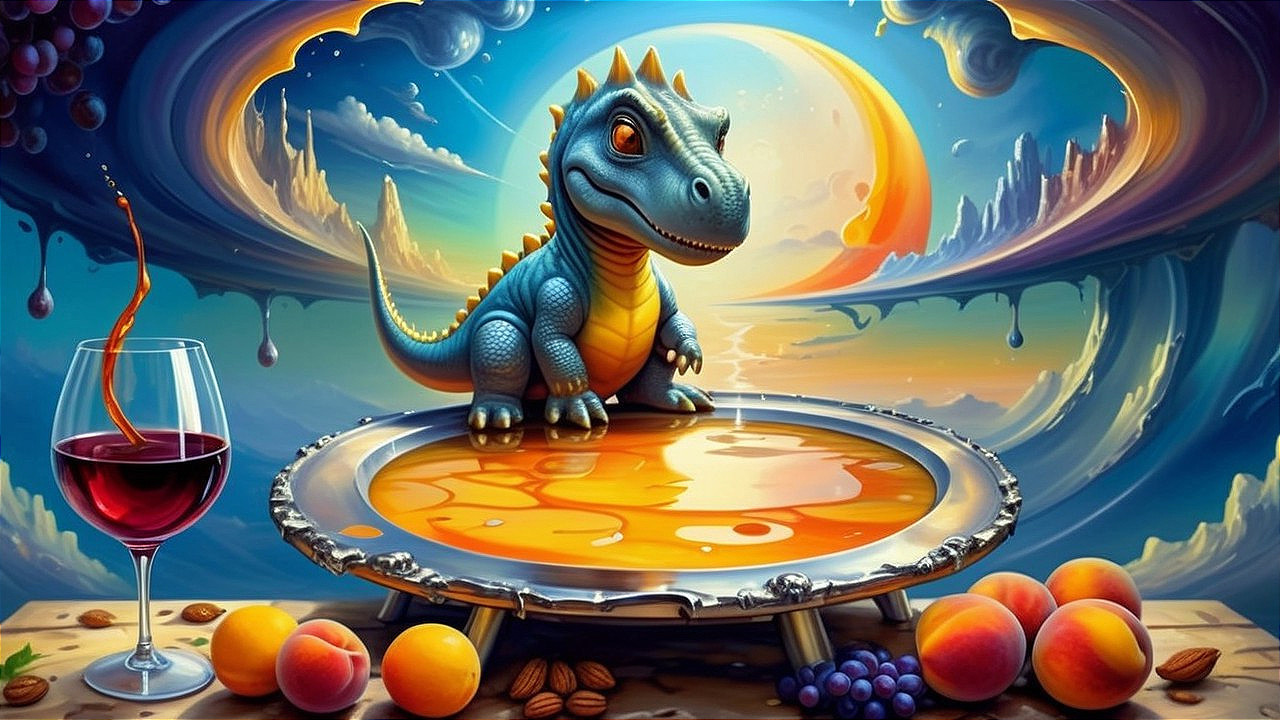 Blue Dinosaur on Silver Platter with Fantasy Elements