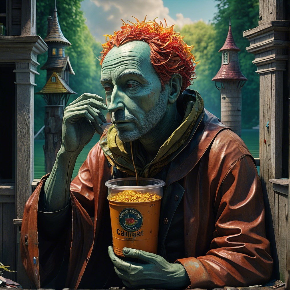 Whimsical Green-Skinned Figure in Fantastical Setting