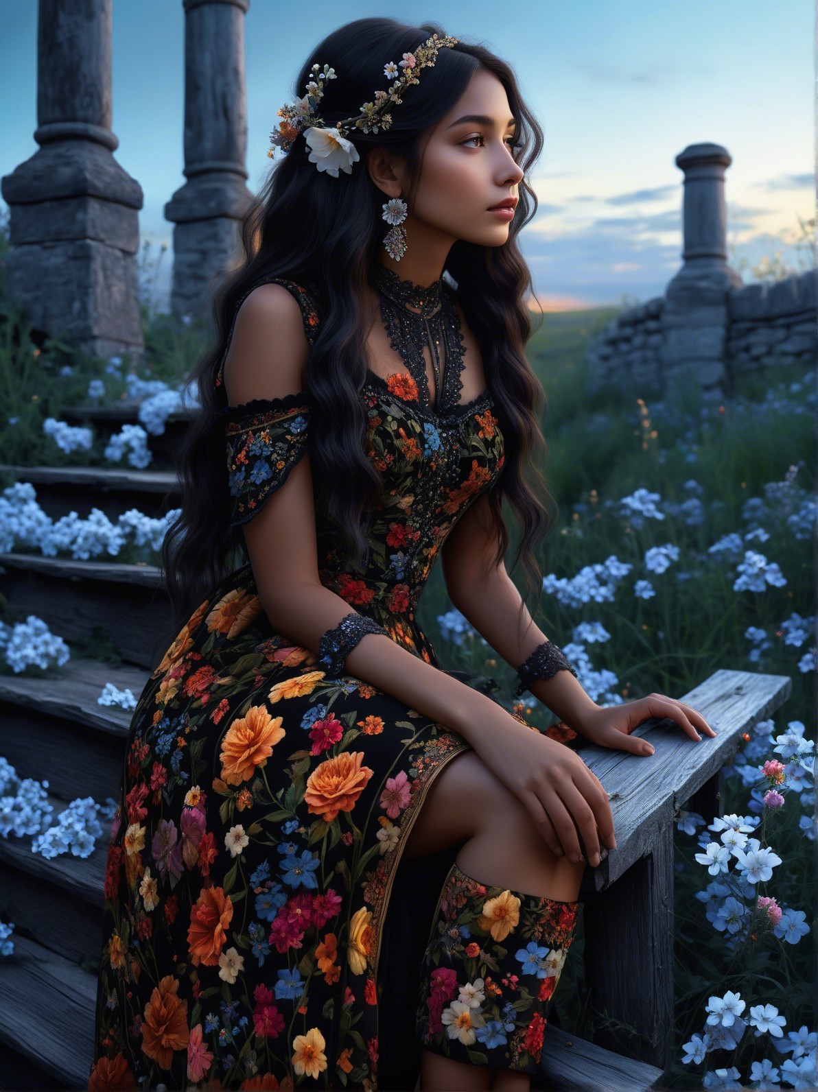 Woman in Floral Dress on Wooden Steps with Flowers