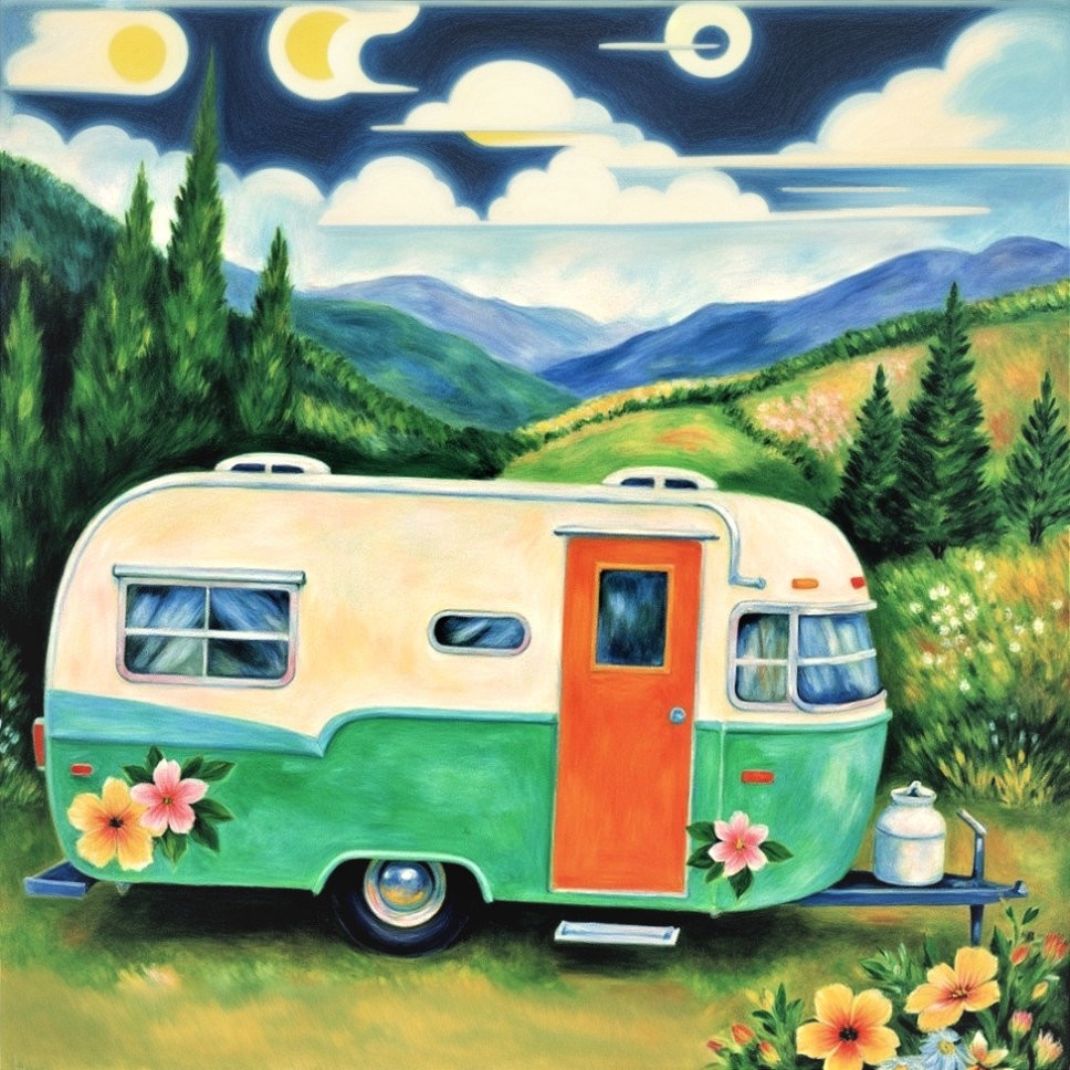 Vintage Green and White Camper Trailer in Scenic Landscape