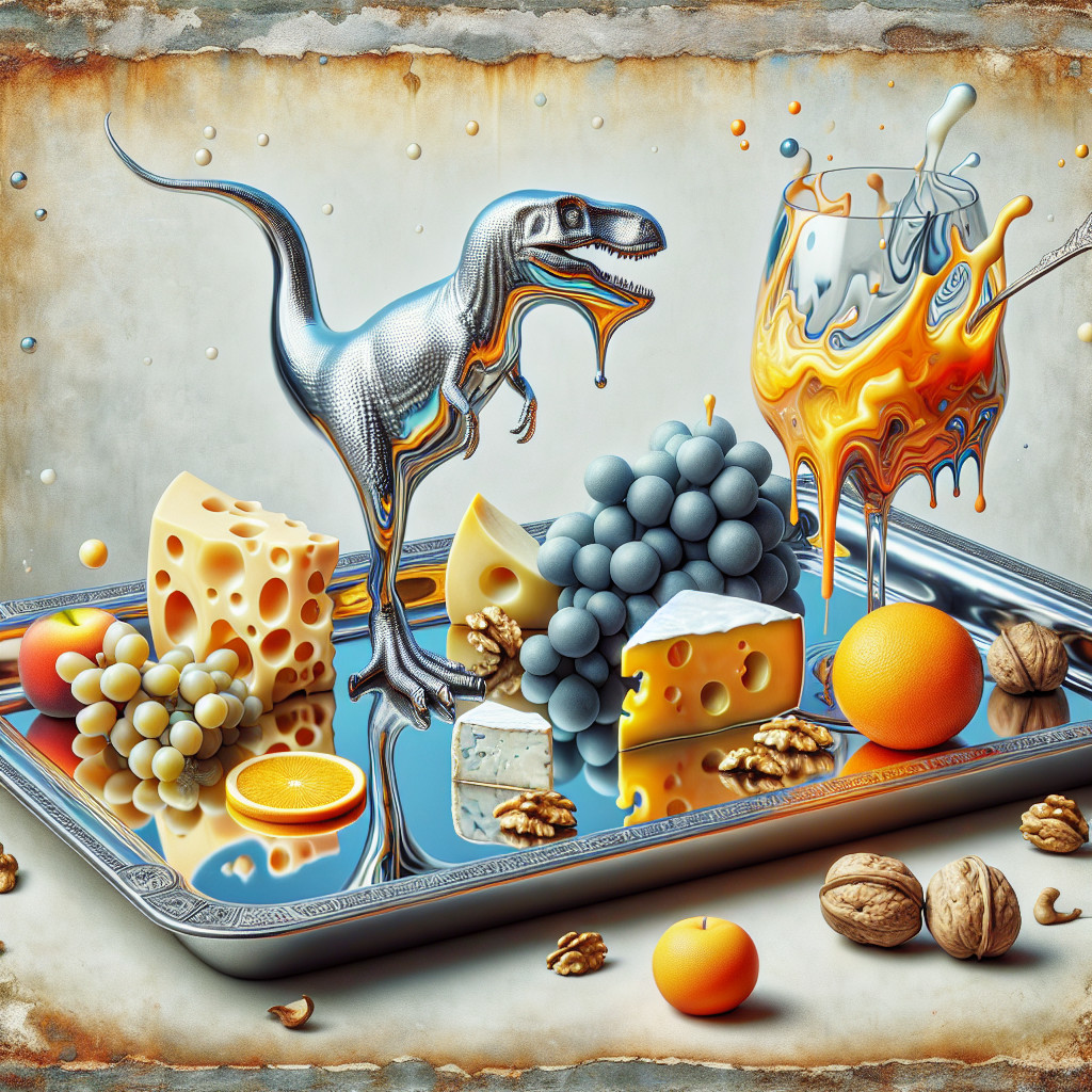 Surreal Still Life with Metallic T. Rex and Fruits