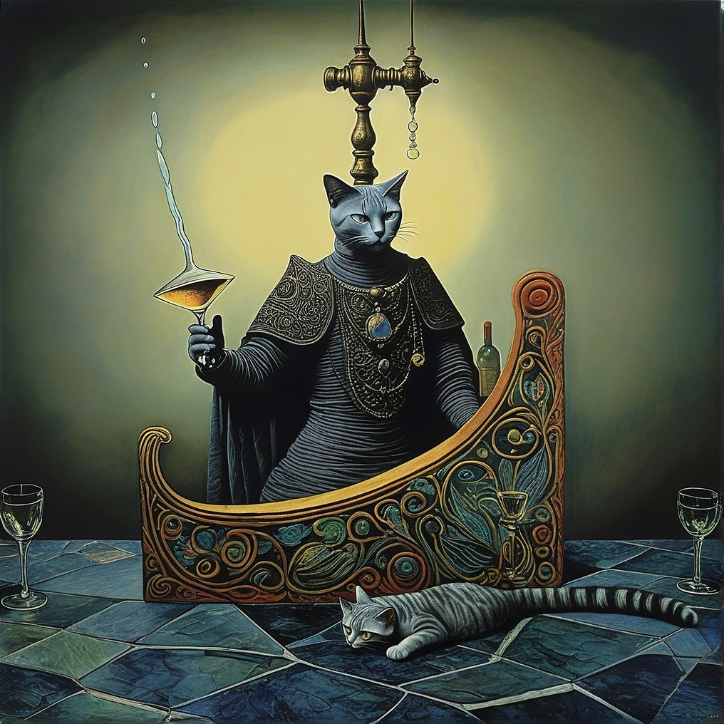 Regal Gray Cat in Ornate Garments with Cocktail Glass