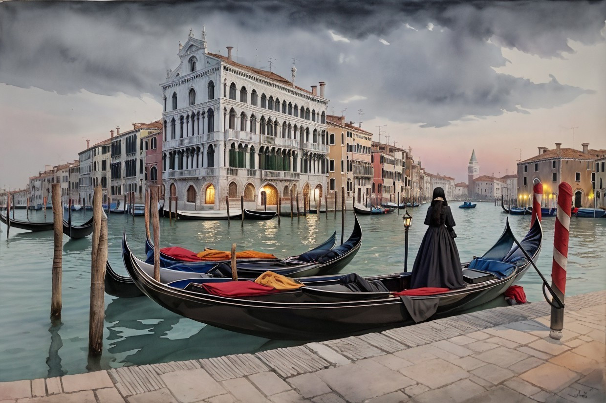 Tranquil Venetian Canal with Gondolas and Dramatic Clouds
