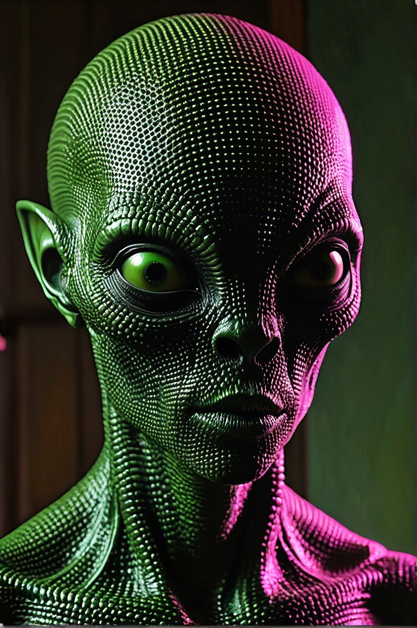 Futuristic Alien Figure with Green Skin and Large Eyes