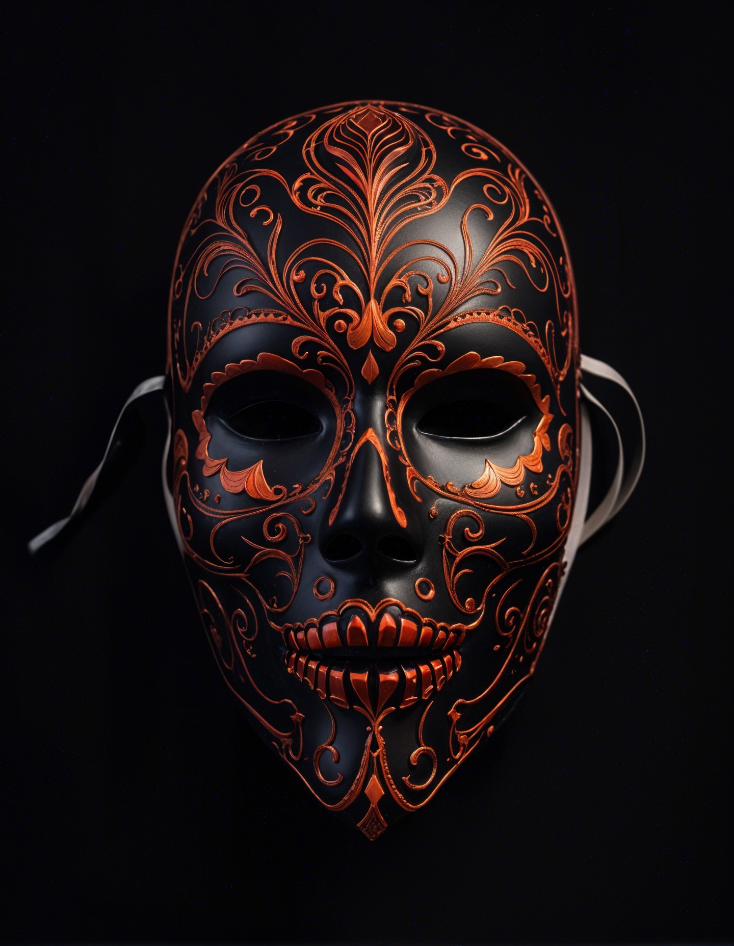Black Mask with Orange Floral Patterns and Skull Motif