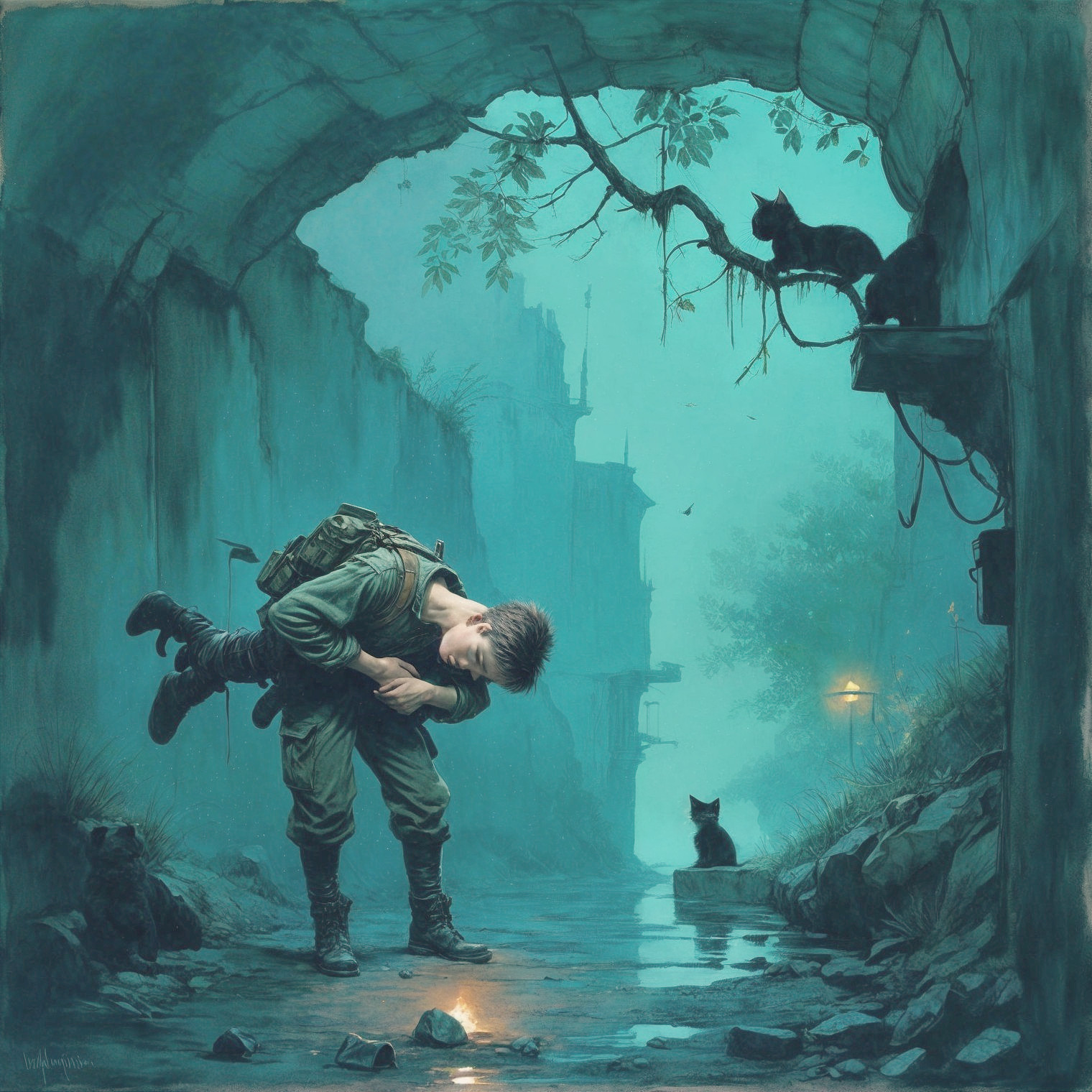 Soldier Cradles Comrade in Abandoned Misty Alley