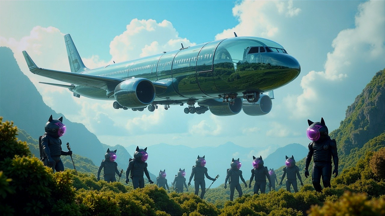 Futuristic Airplane and Figures in Surreal Landscape