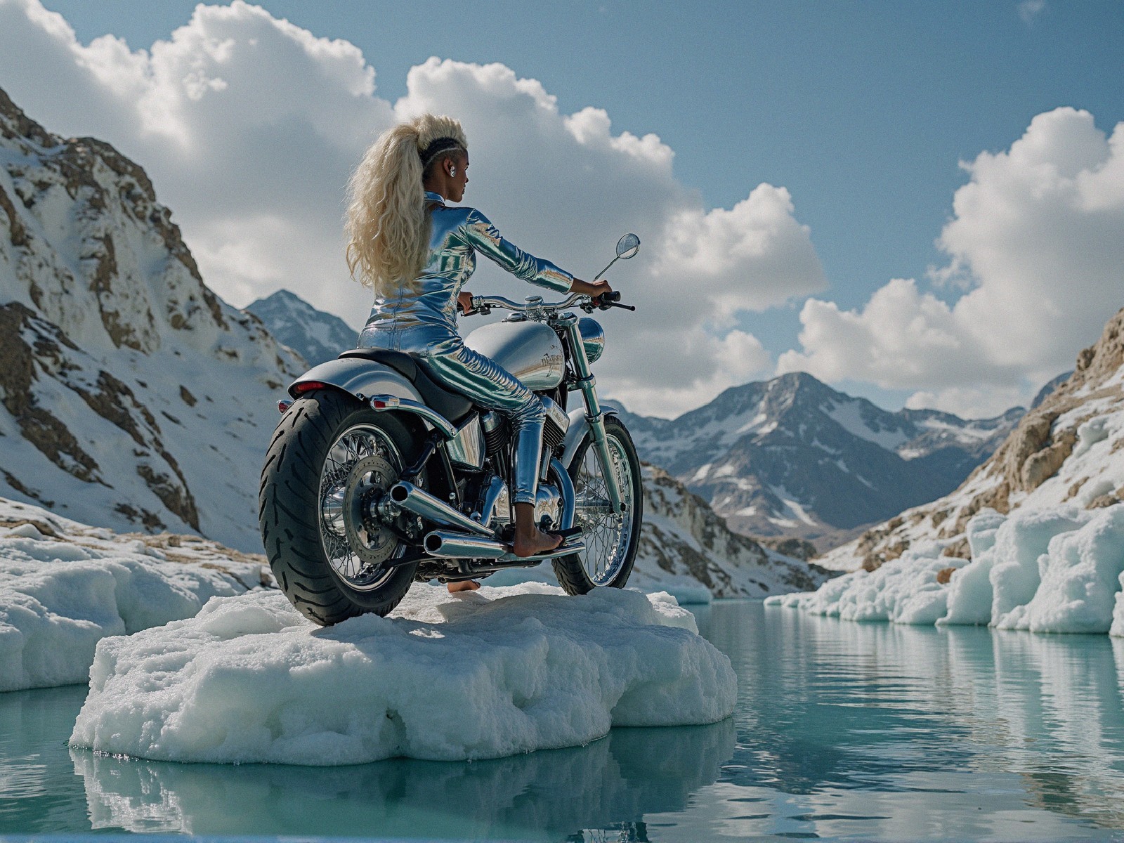 Blonde figure on motorcycle in glacial landscape