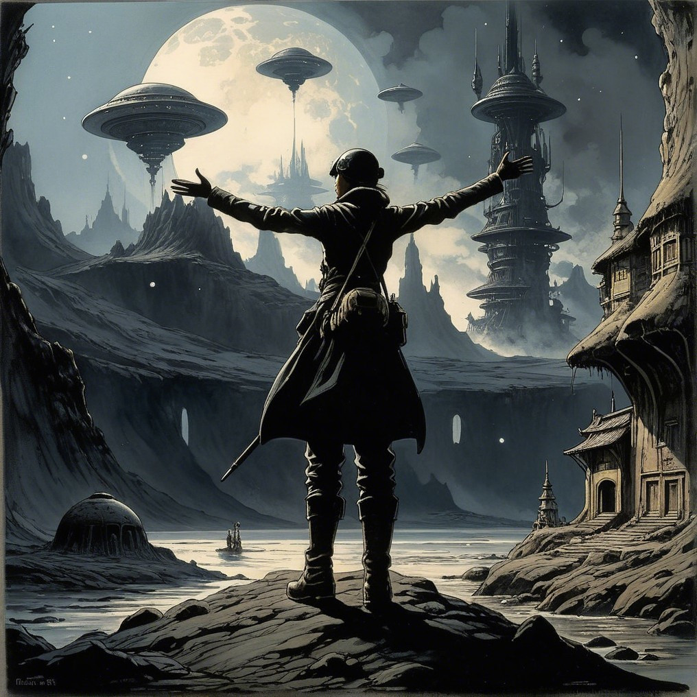 Lone Figure Overlooks Futuristic Landscape and Sky