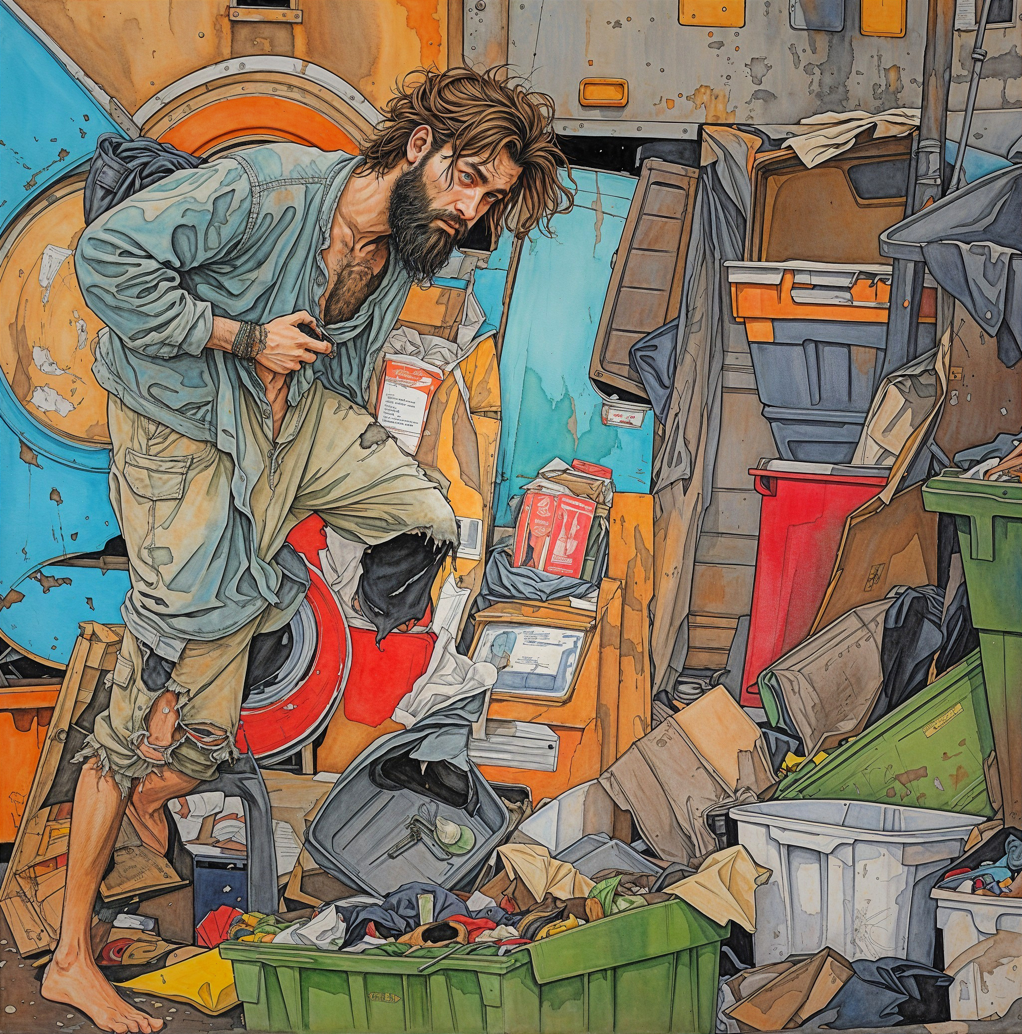 Disheveled Man in Chaotic Trash Scene with Bins