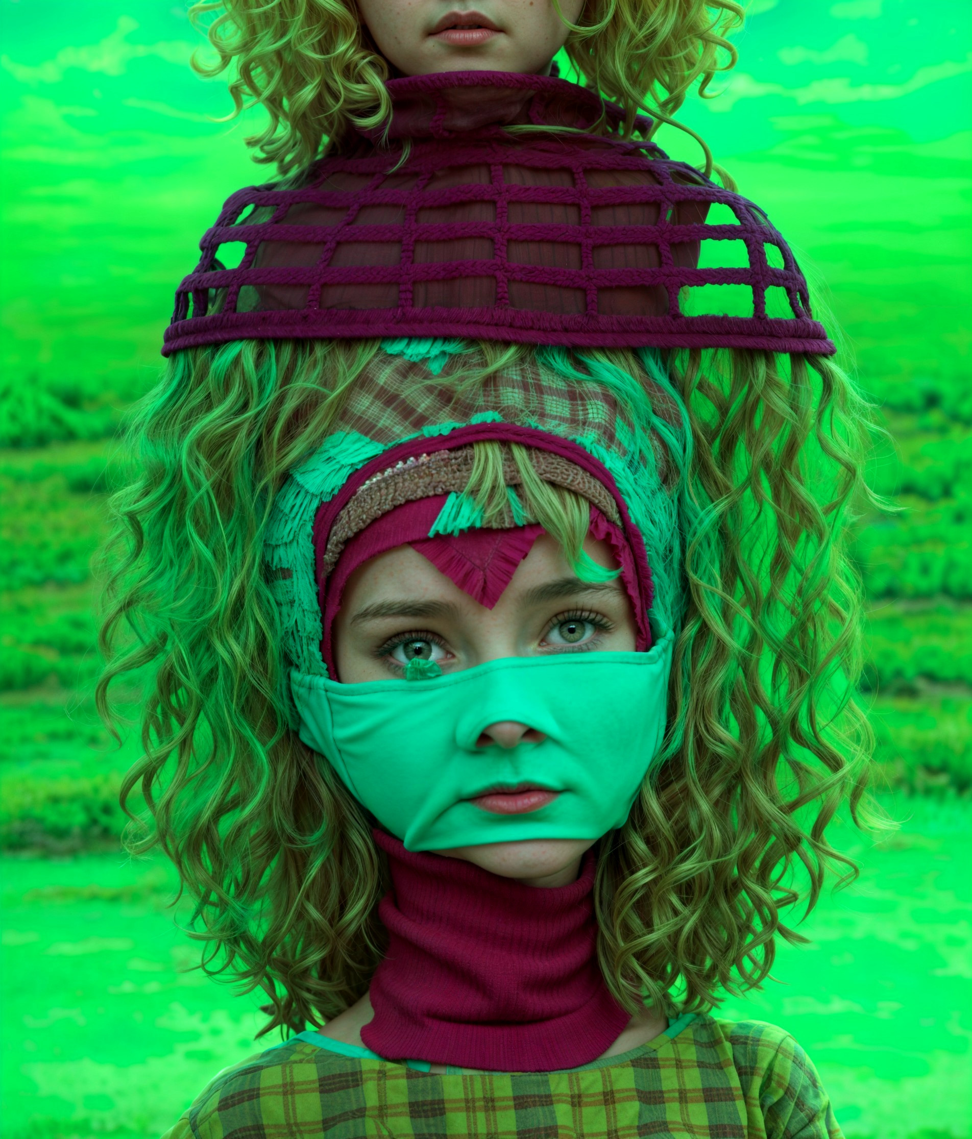 Surreal Composition of Two Stacked Figures with Headpiece