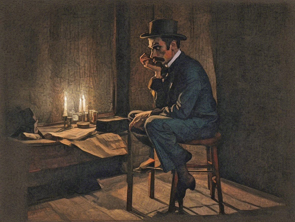 Man in Formal Attire Reflects in Dimly Lit Room