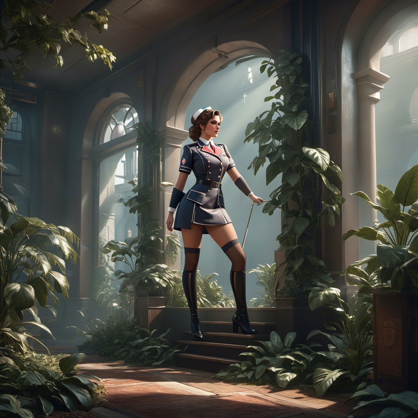 Young Woman in Military Dress in Indoor Garden Setting