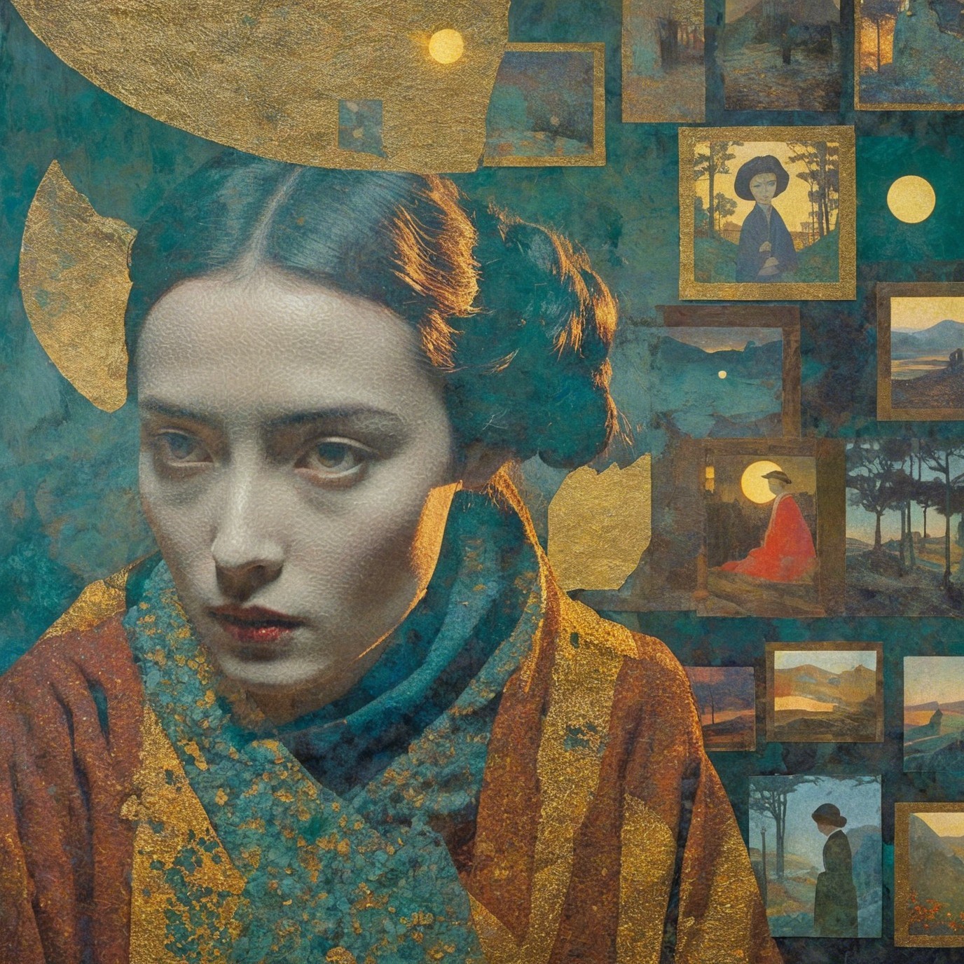 Contemplative Woman in Textured Robe with Golden Patterns