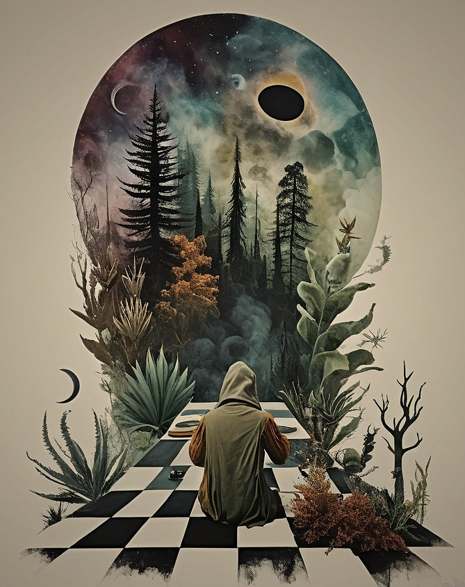 Solitary Figure in Cloak Amid Surreal Nightscape