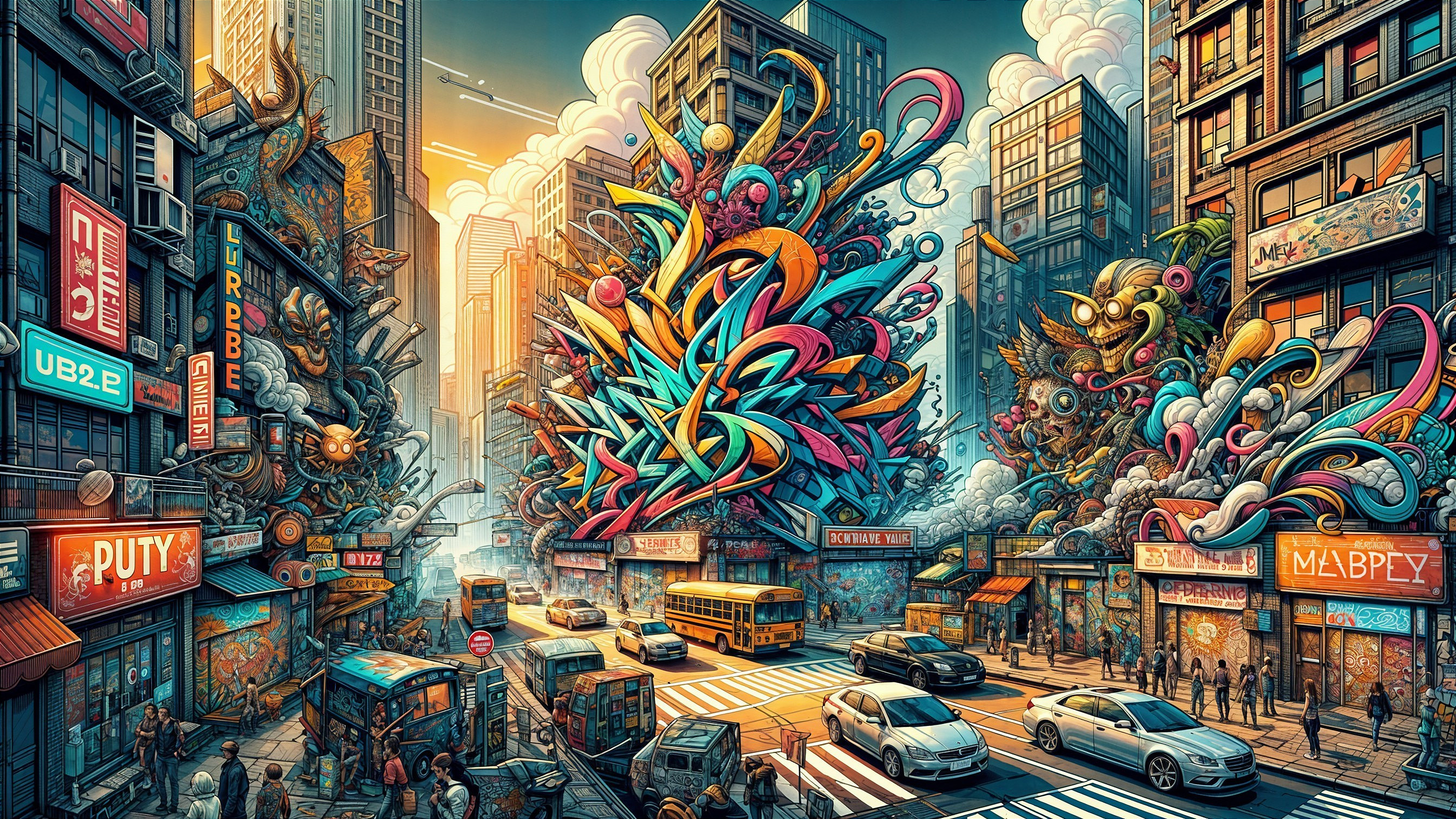 Vibrant Urban Scene with Colorful Street Art and Skyscrapers