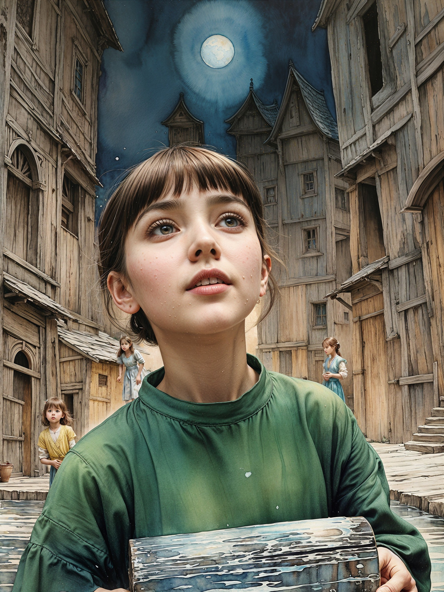 Whimsical Village Scene with Curious Young Girl