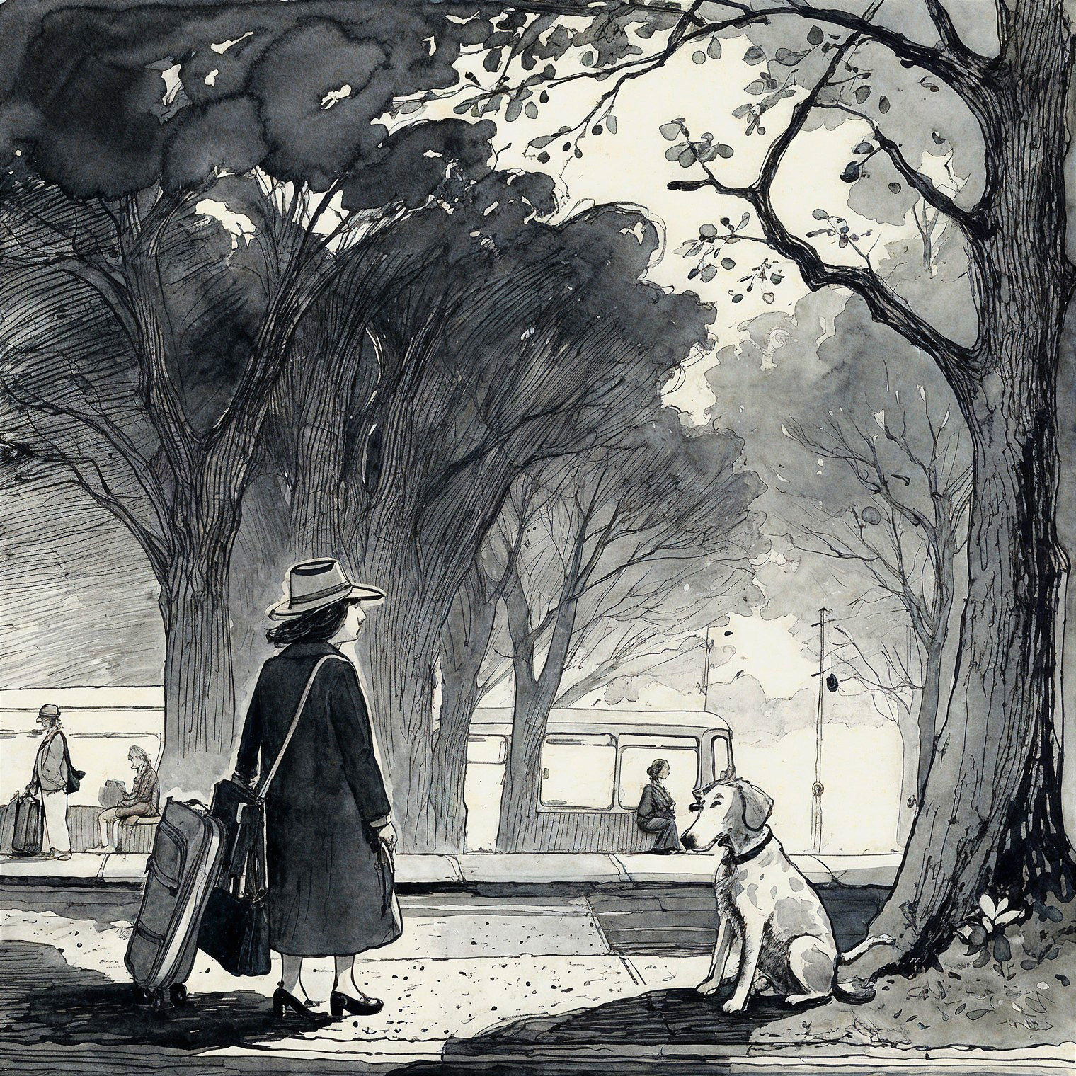 Lone Figure and Dog at Tree-Lined Bus Stop Scene